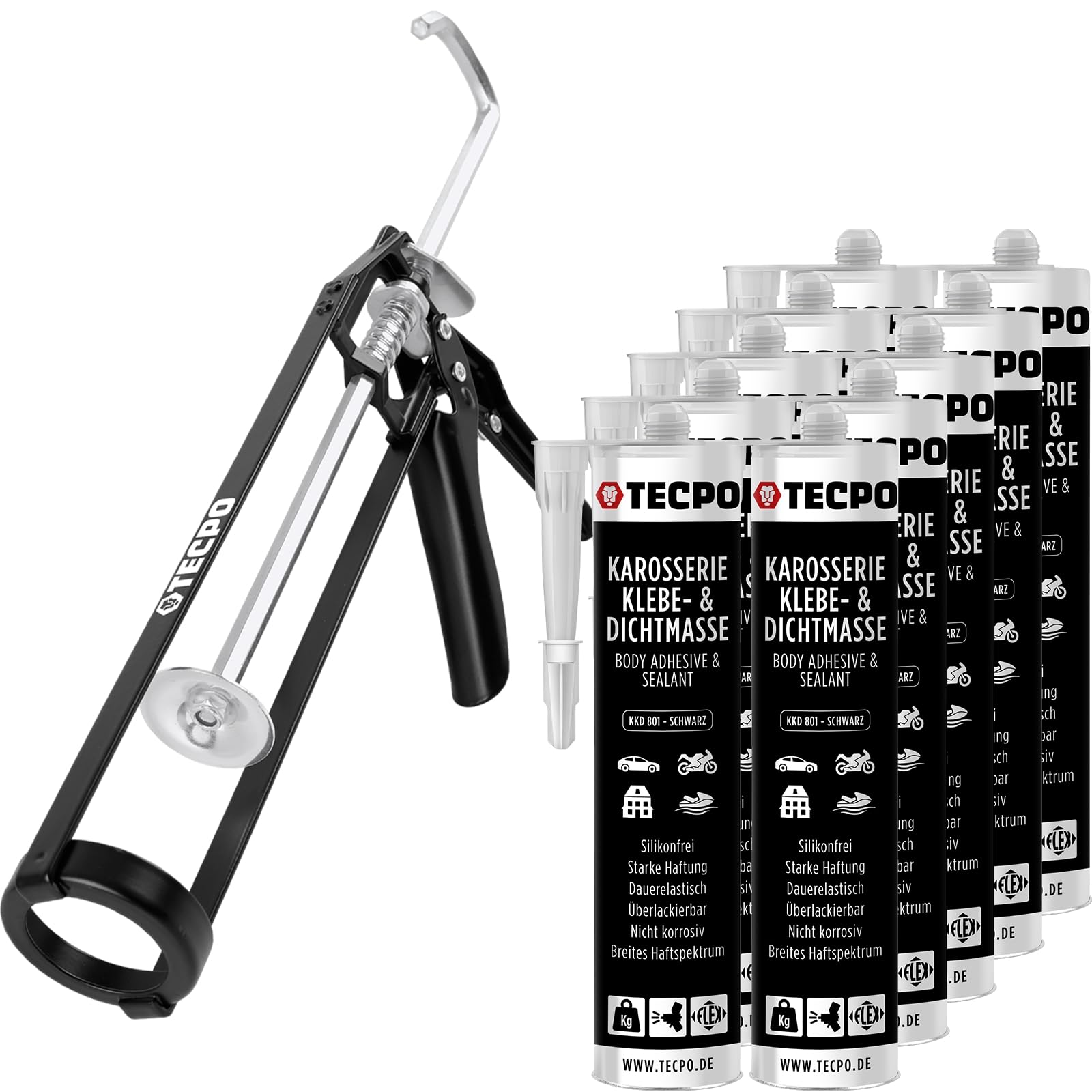 TECPO Klebe- und Dichtmasse, 10x 370g schwarz Karosseriekleber mit Skelett Kartuschenpresse