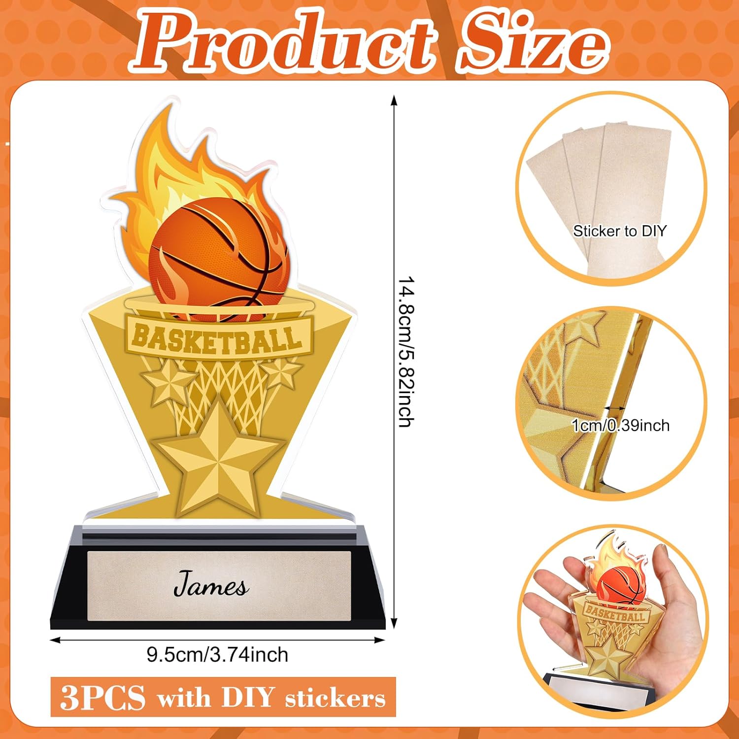 Gerrii Acrylic Trophies Awards with DIY Name Stickers Pack of 3 Champion Trophy Medals Team Reward Gift for Basketball Softball Baseball Competition Contest Tournament, 5.8/6.14/6.38inch