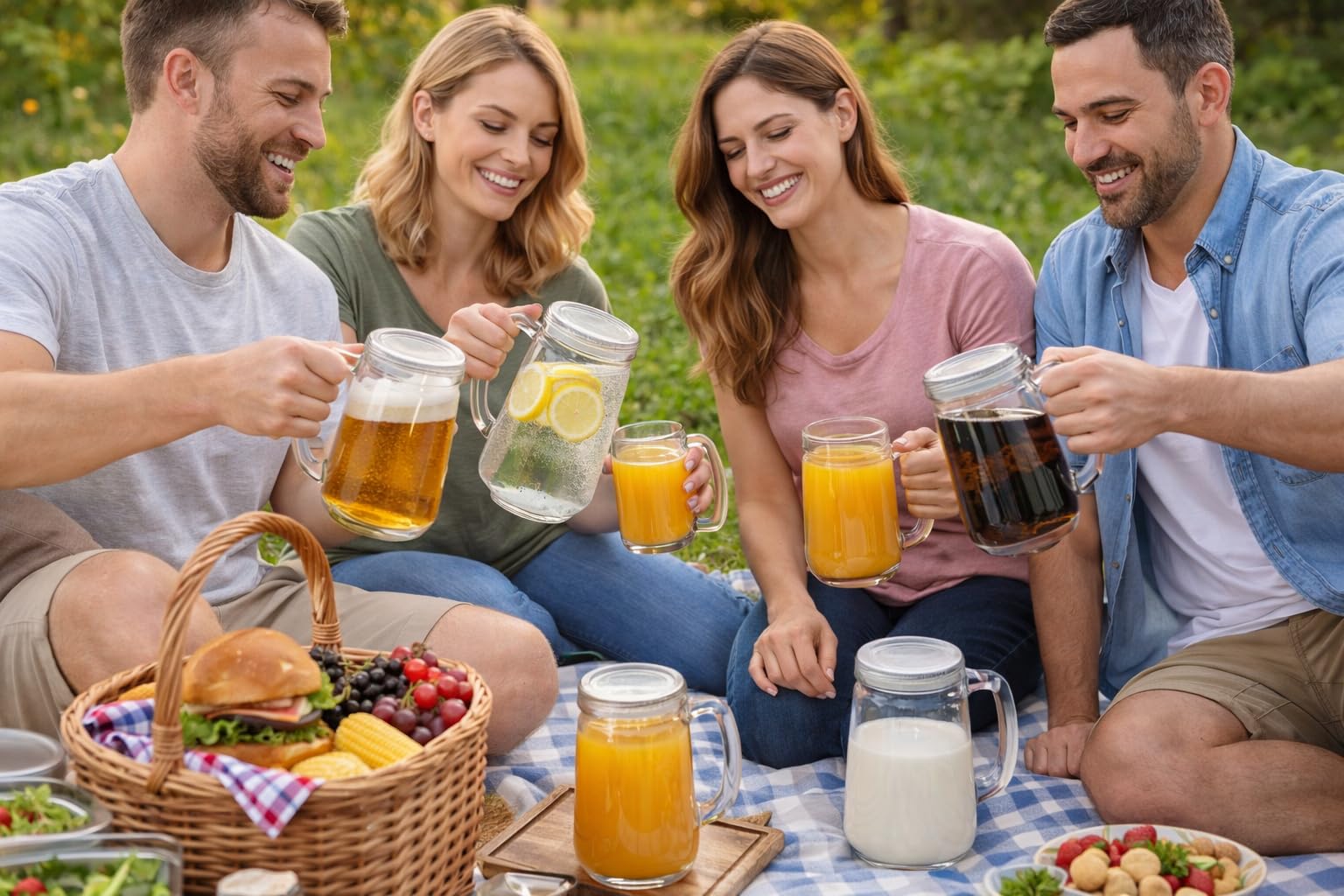 6 Pack Clear Glass Jugs with Handle Transparent Thick Glass Serving Pitcher with Spout for Cocktails, Juice, Water, Punch (6X Dalia Jugs)