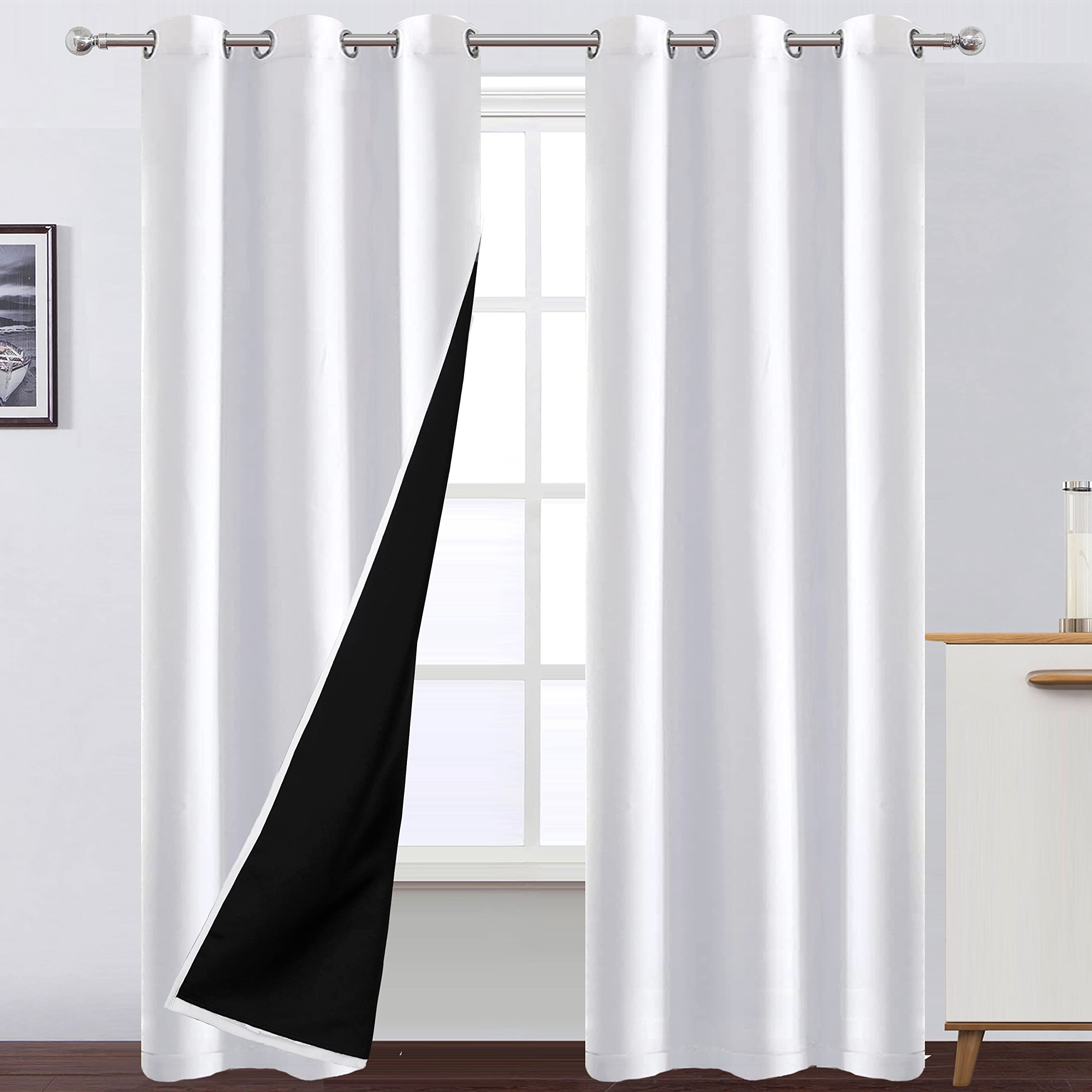 LEMOMO 100% Blackout Curtains 40 x 84 Inch/White Curtains 2 Panels with Black Lining Room Darkening Thermal Insulated Bedroom Curtains