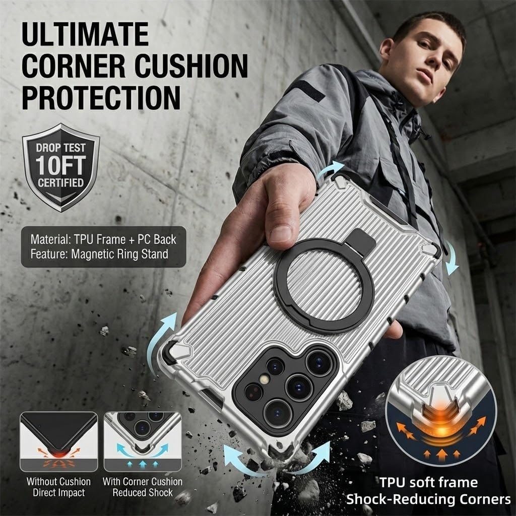 Magnetic Case for Samsung Galaxy S26/S25/S24 Ultra & Plus Series Compatible with MagSafe, with Rotatable Ring Stand, Slim Anti-Slip Textured Protective Phone Cover(Black,S25 Ultra)