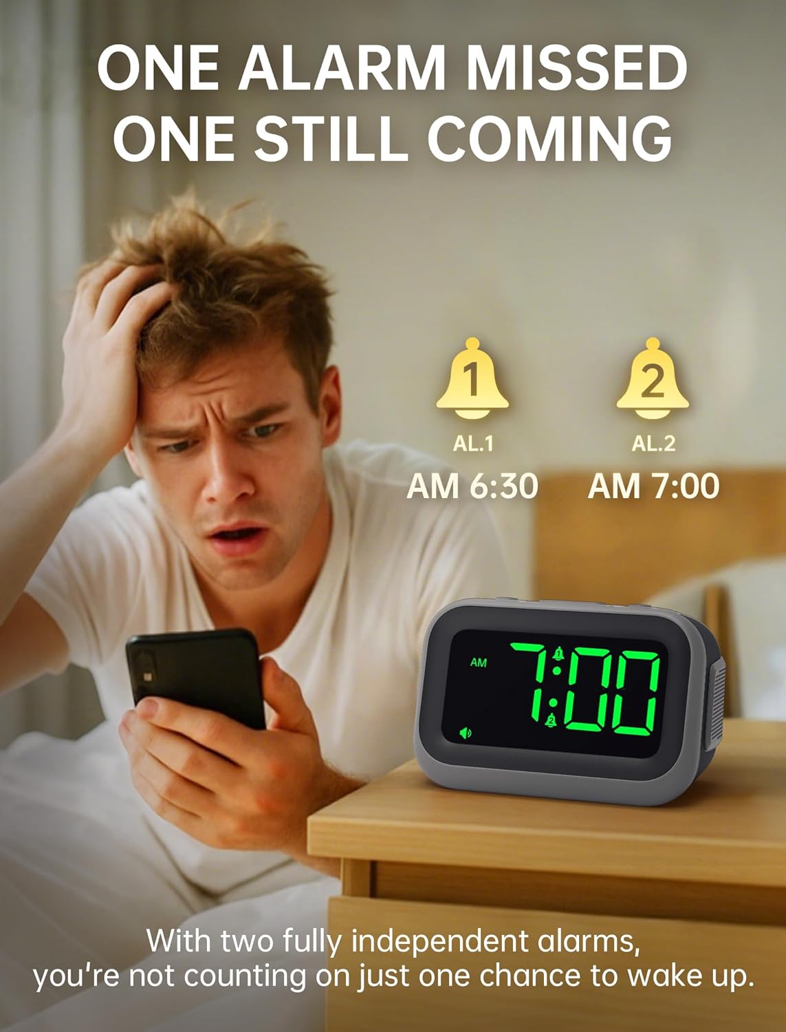 Acedeck L01 alarm clock showing two independent alarm settings