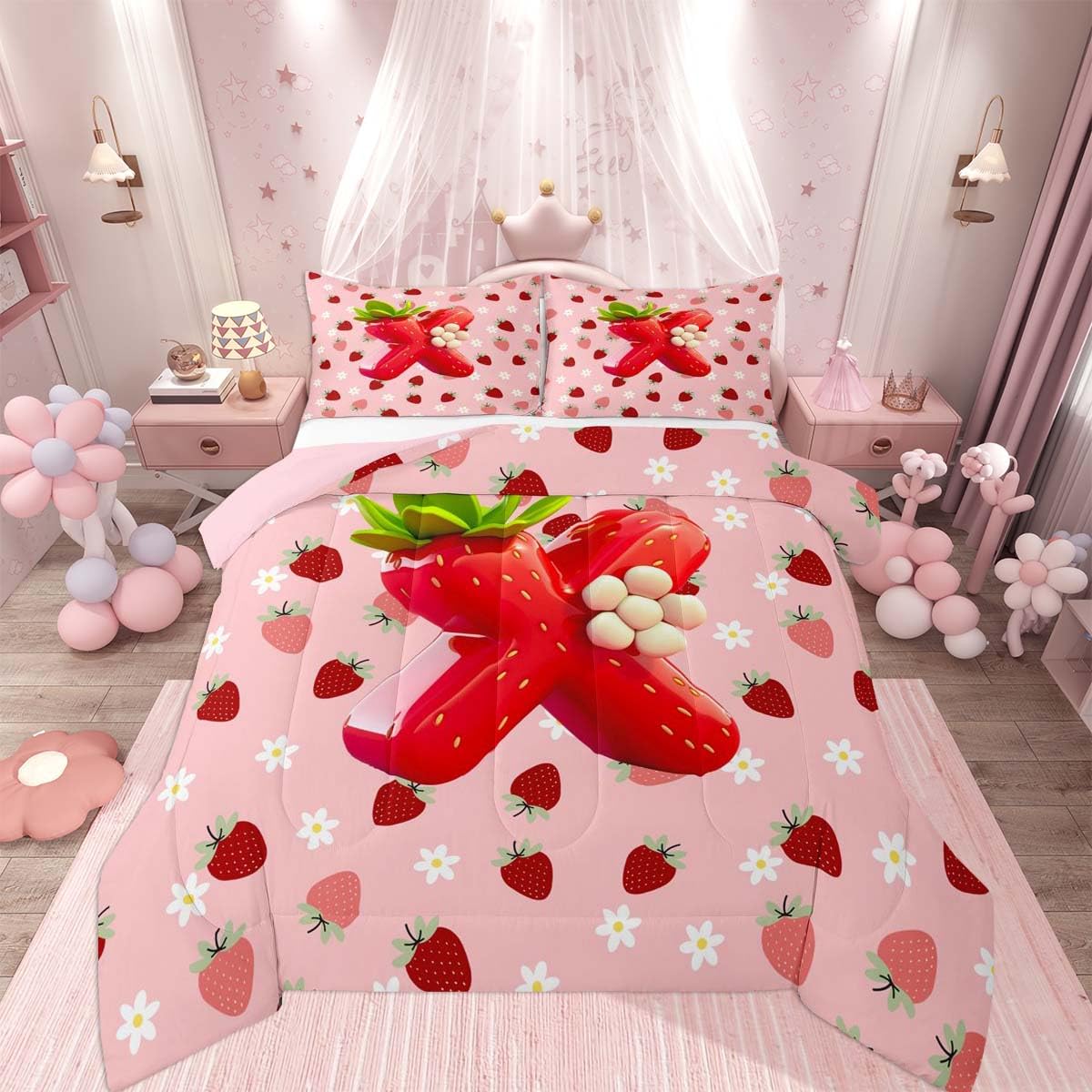 Feelyou Girls Pink Red Strawberry Comforter Set All Season Initial Letter X Bedding Set with 2 Pillow Cases Princess Strawberry Microfiber Kids Queen Bedclothes Bedroom Decor Duvet Quilt Soft