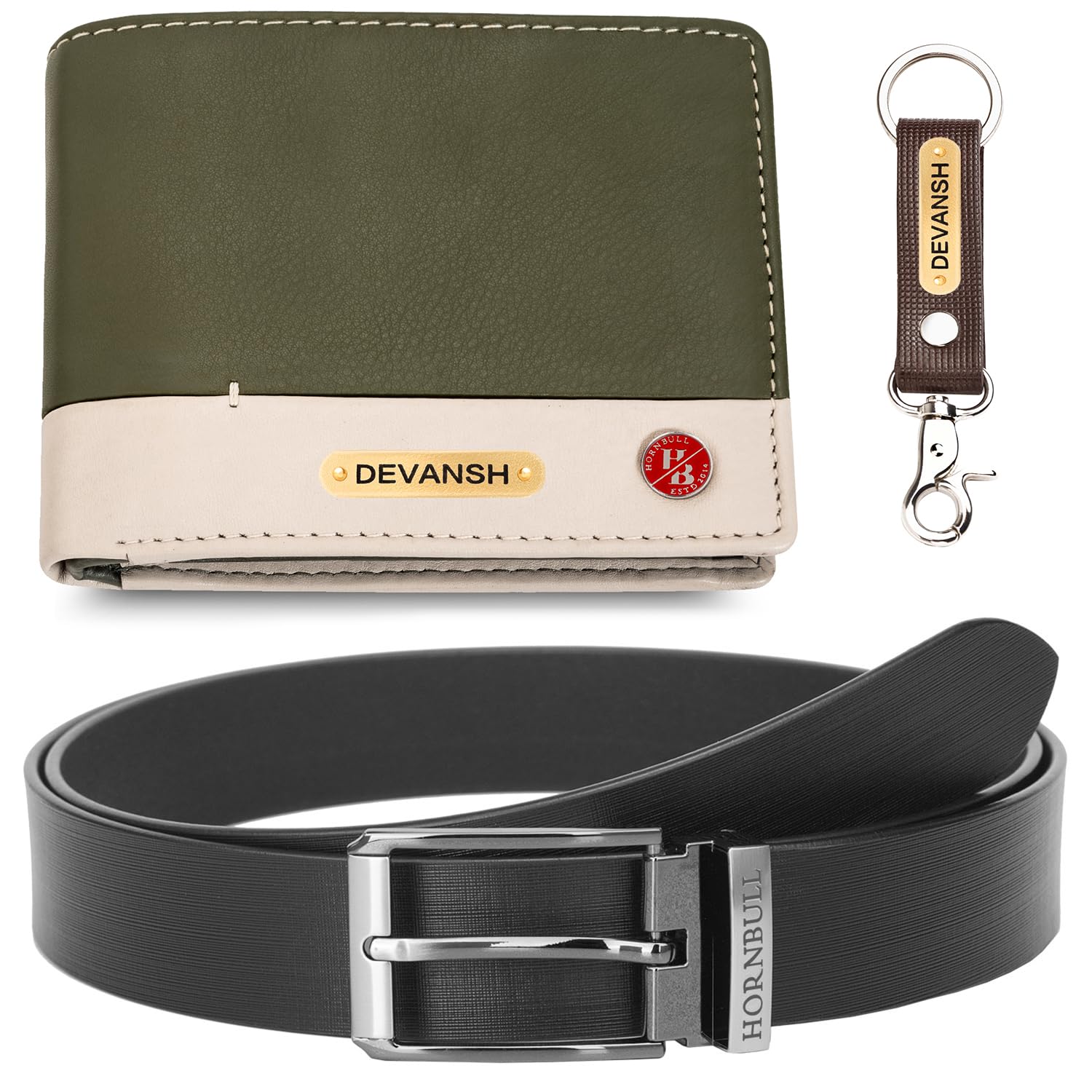 hornbull Men's Personalized Combo Gift Set | Customized Stylish Leather Purse & Keyring with Name | Unique Belt Combo Gift for Men and Brother, Olive (BW104191)-picture-27