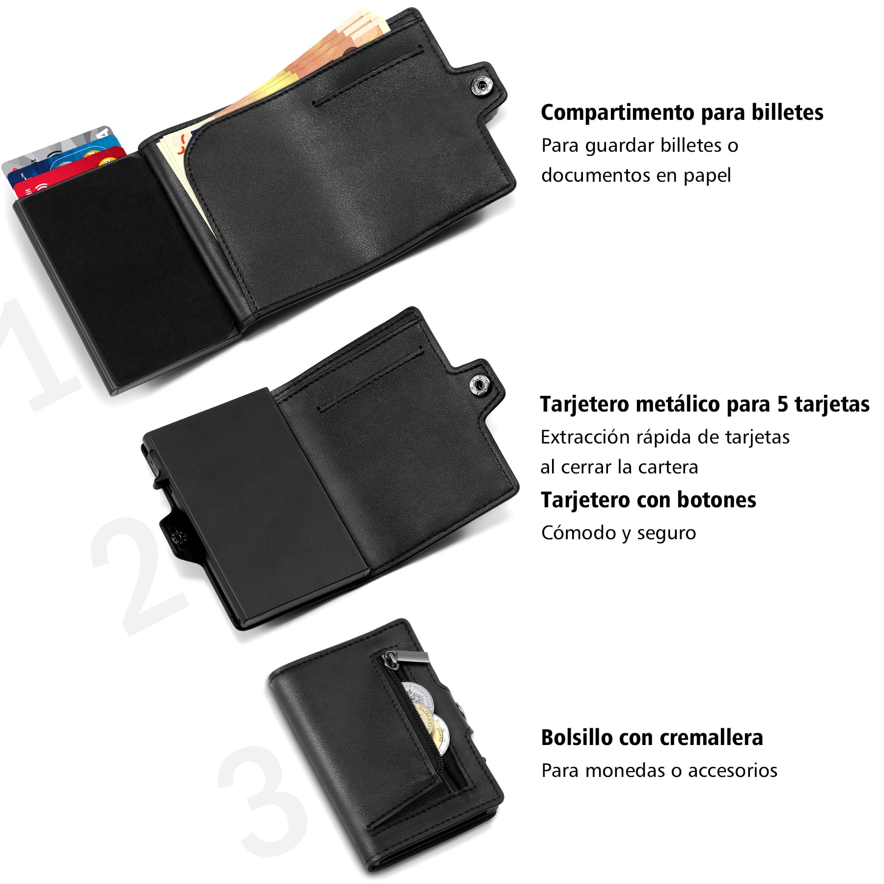 TEEHON Tarjeteros para Tarjetas de Credito | Cartera para Hombre y Mujer con Monedero | Automática Pop-up Billeteras de Protección RFID | Regalos para Hombres | Negro (A-Negro)