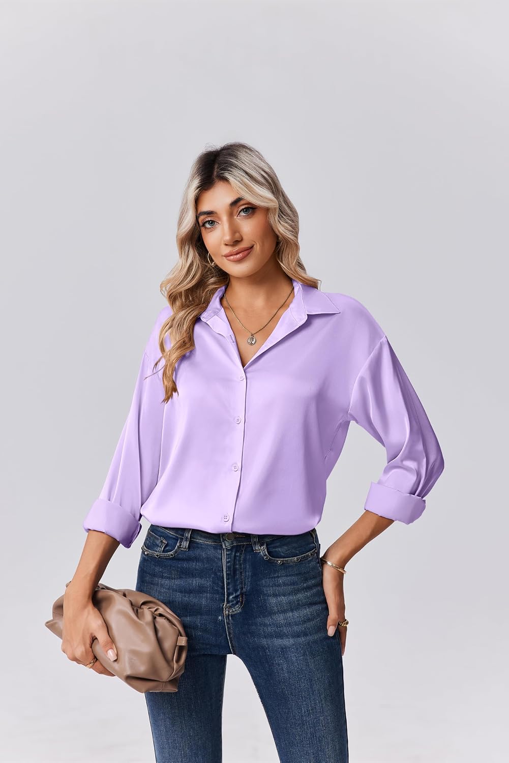 Womens Tops Long Sleeve Satin Silk Button Down Shirts Dressy Blouses | Business Casual Outfits, Fall Clothes, Button Up Shirts, Work Office Outfits, Professional formal Tops thumbnail