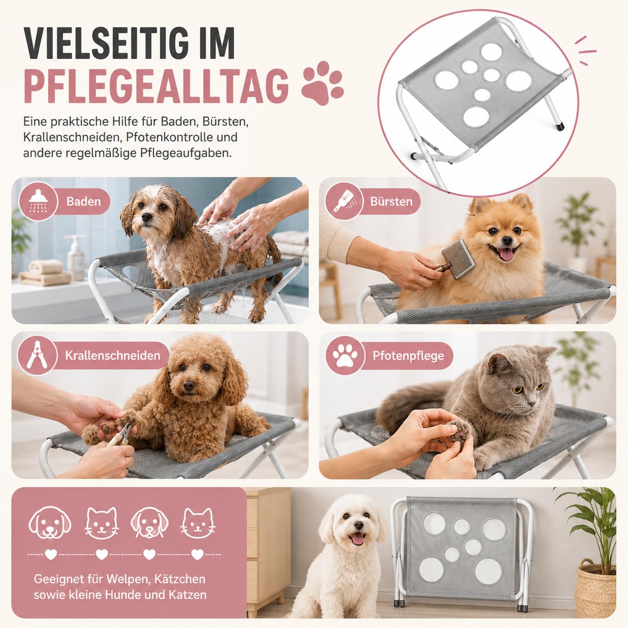 2027 Neuer Haustier-Duschhalter, 2-In-1-Hundepflege HäNgematte, PflegestäNder Hunde, Badehilfe für Hundehocker für Nagelschneiden, Ohrenreinigung Und TäGliche Pflege (Khaki+Rosa)