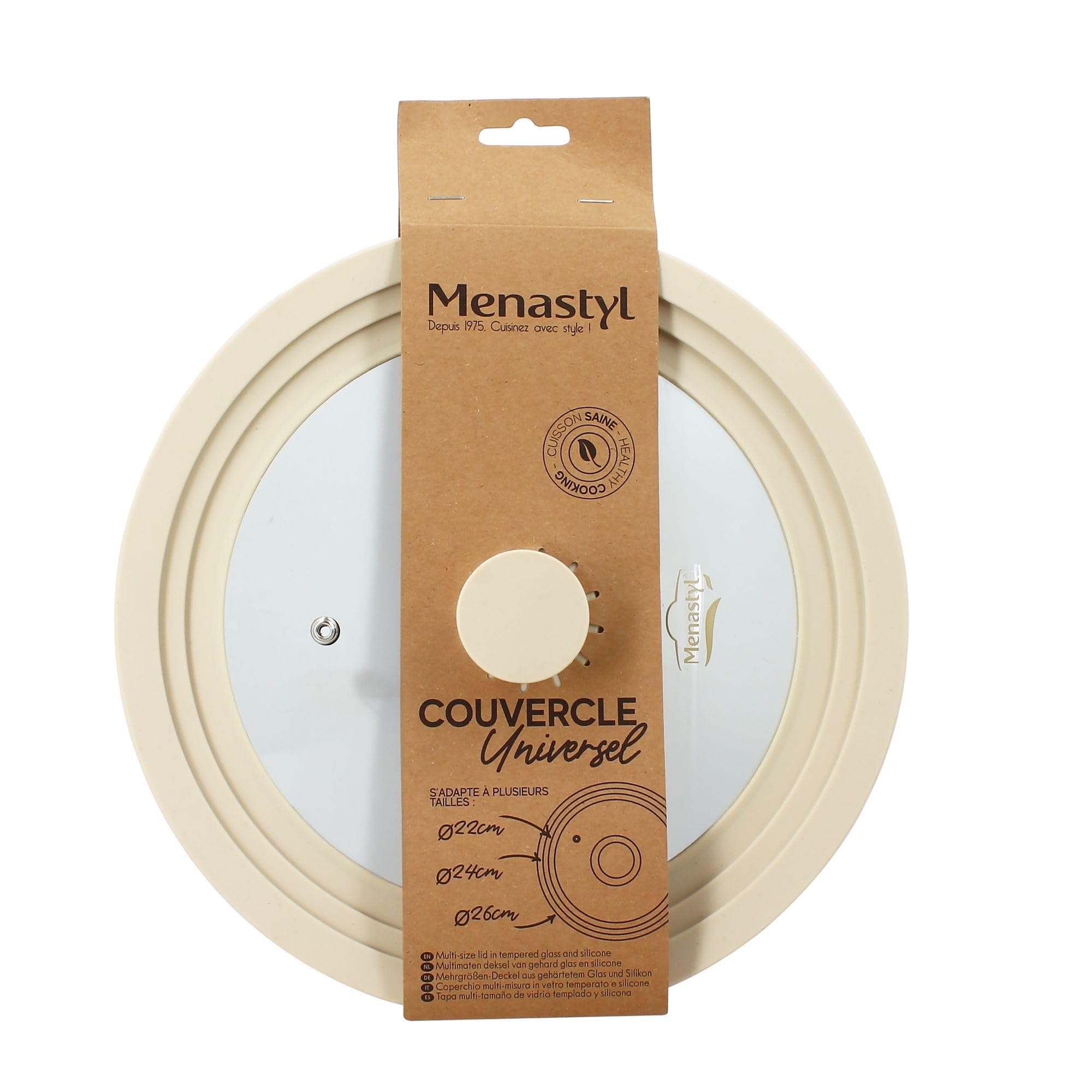 MENASTYL - Couvercle universel multitaille 22/24/26 cm en verre trempé et silicone souple - Anti-éclaboussures - Résistant, ergonomique et compatible lave-vaisselle - Idéal casseroles et poêles