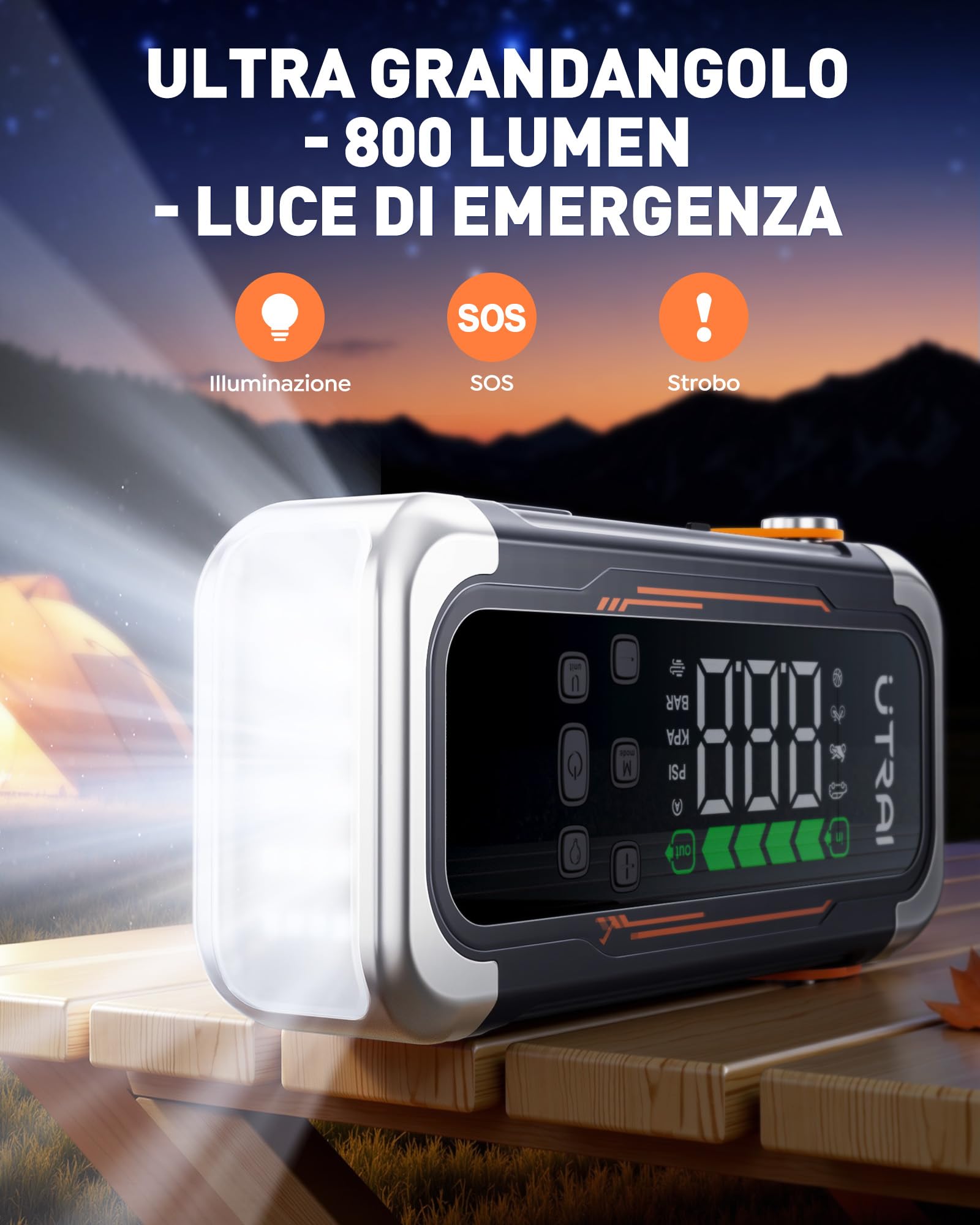 UTRAI 7000A Booster Avviatore Auto con Compressore & Soffiatore d'aria, 12V Avviatore Batteria Auto (Tutto Gas Benzina e 12L Diesel), Gonfiatore Pneumatici, Power Bank PD30W, Torcia LED Batteria Auto
