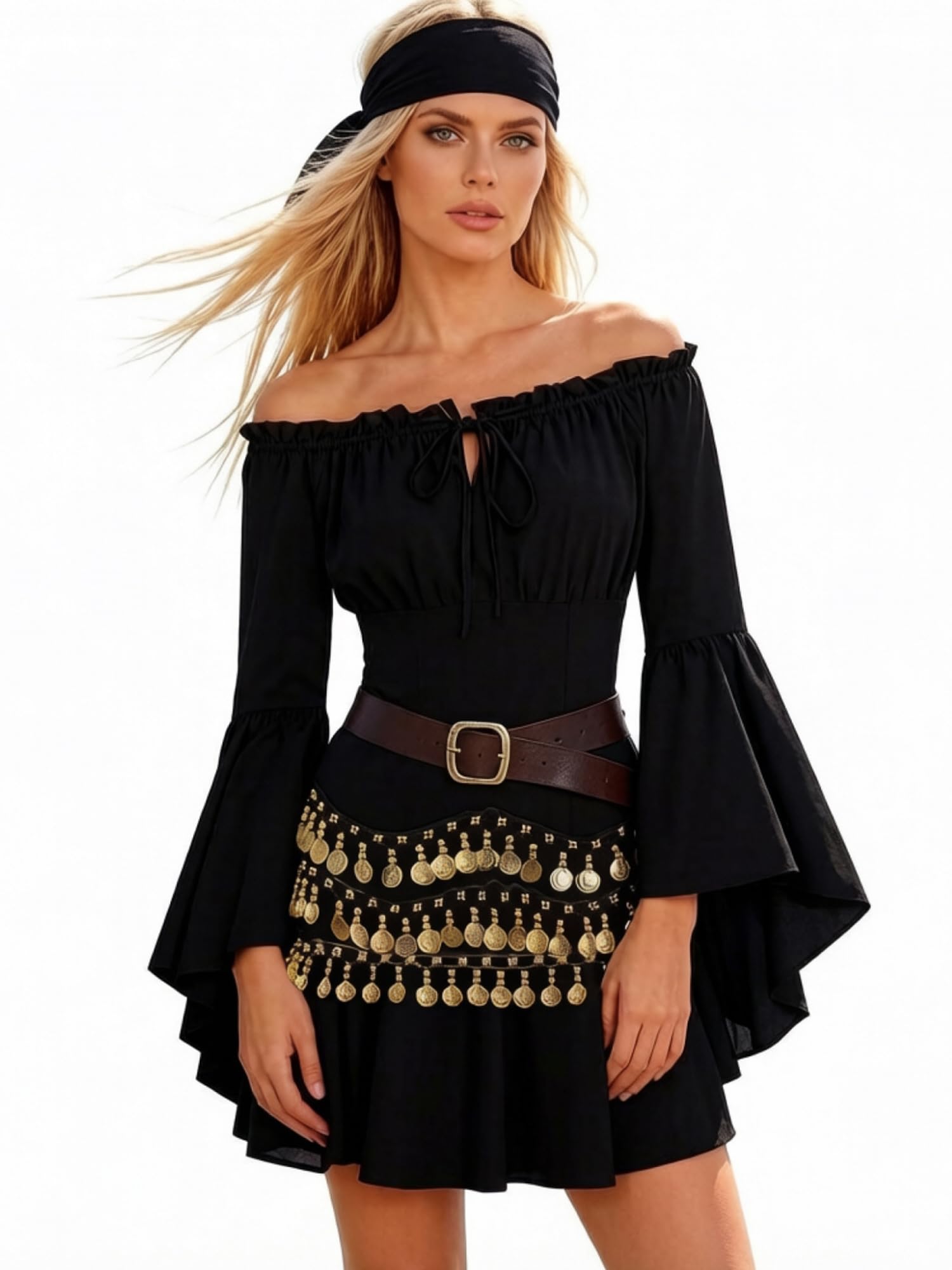 Lshyuehao Womens Halloween Pirate Costume Off Shoulder Romper Dress with Shorts (E-Black, S) โ image 1