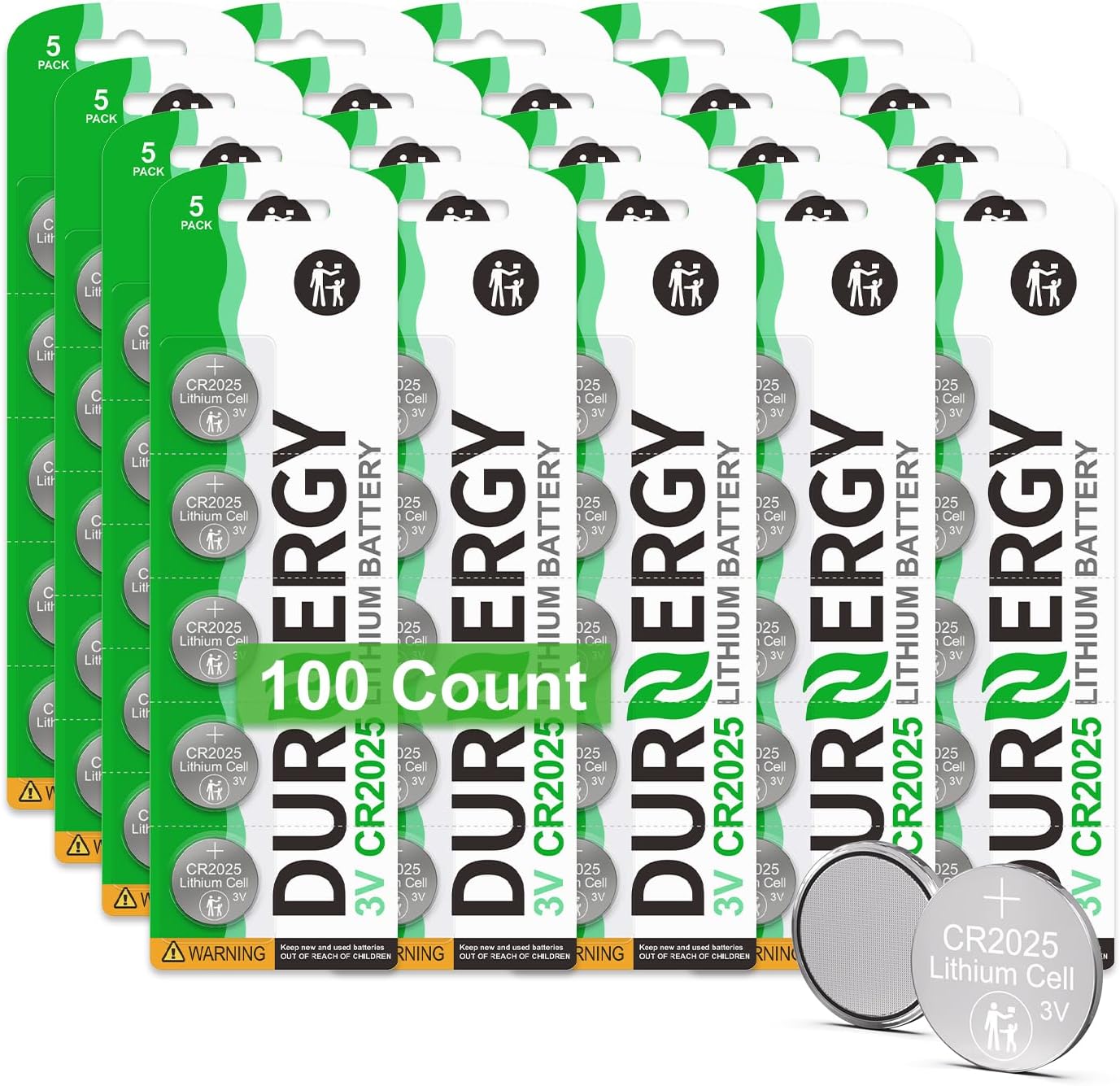 DURNERGY CR2025 3V Lithium Battery 100 Pack, for Car Remote Key, 2025, ECR2025, KCR2025, BR2025, DL2025, LM2025, KT-CR2025, SB-T14