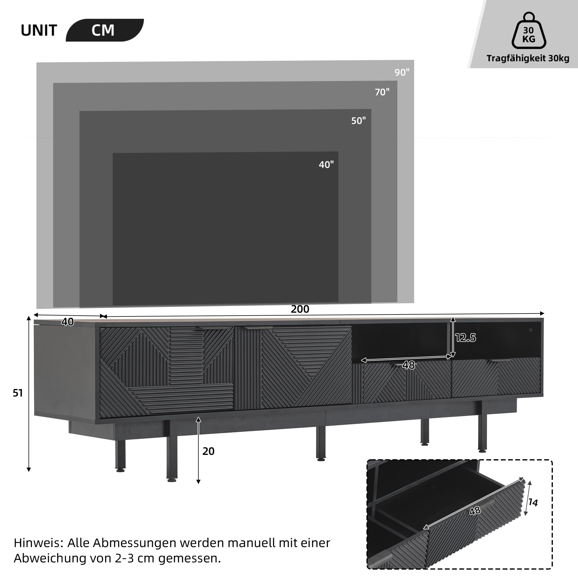 Mueble para TV de 200 cm, Soporte para TV de 90 Pulgadas con Puertas, Cajones y gestión de Cables, Armario Bajo con Espacio de Almacenamiento para Salón Dormitorio, Negro