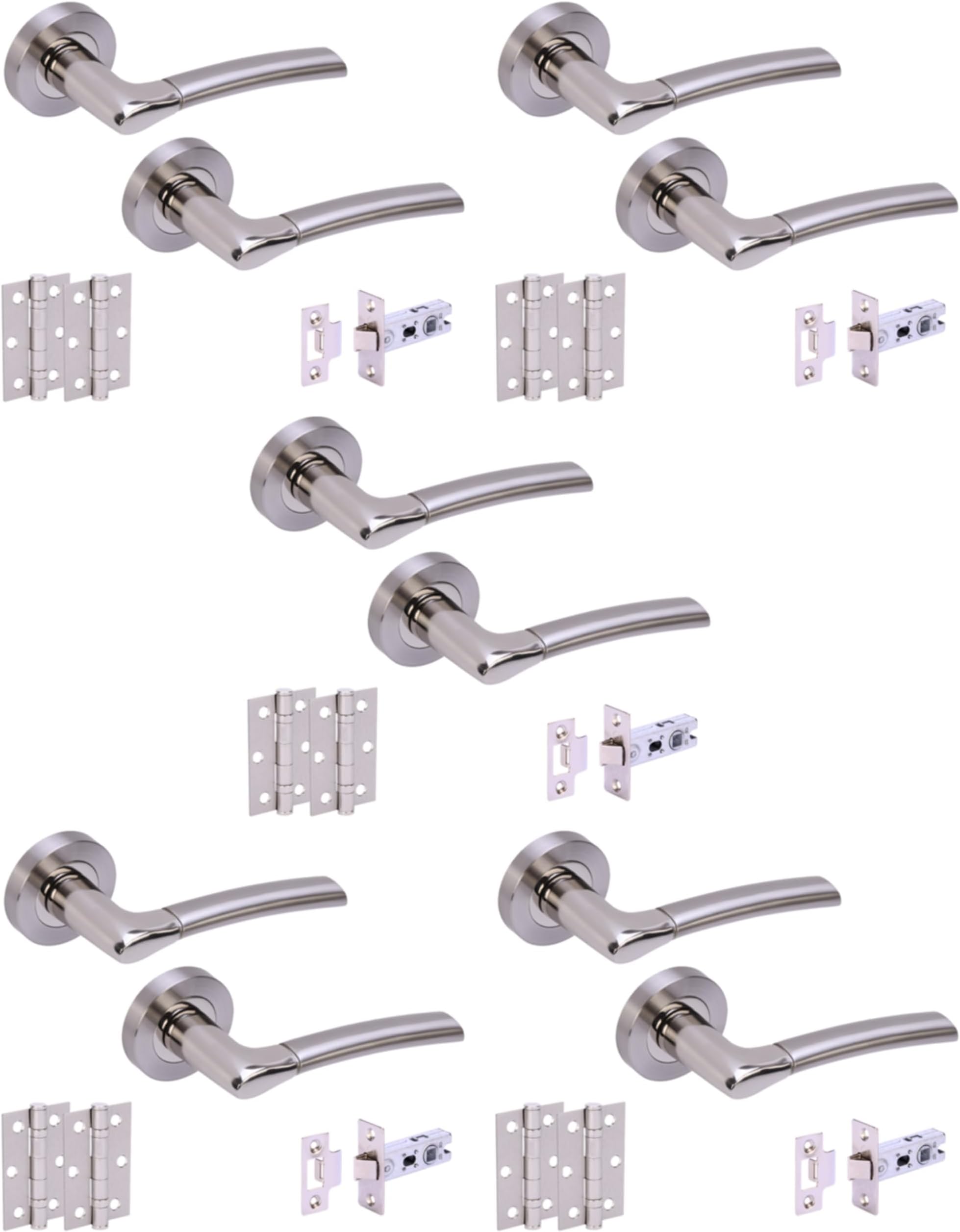 Hunta HANDLEZONE® 5 Sets Ursa Internal Door Handles on Rose Lever Latch Packs with 75mm Ball Bearing Hinges and 76mm Latches - Dual Polished/Satin Nickel