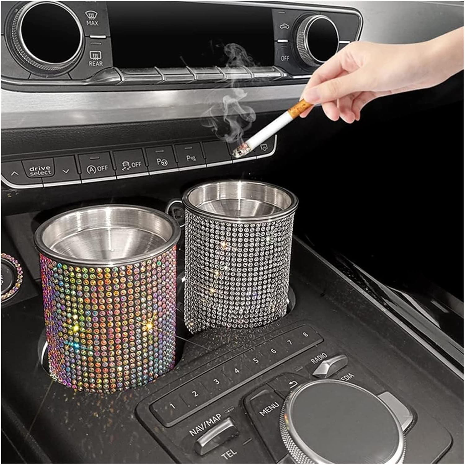 Bling Car Ashtray, Bling Portable Cigarette Smokeless Cylinder Cup Holder, Car Accessories For Women,Ideal For Car,(Pink)