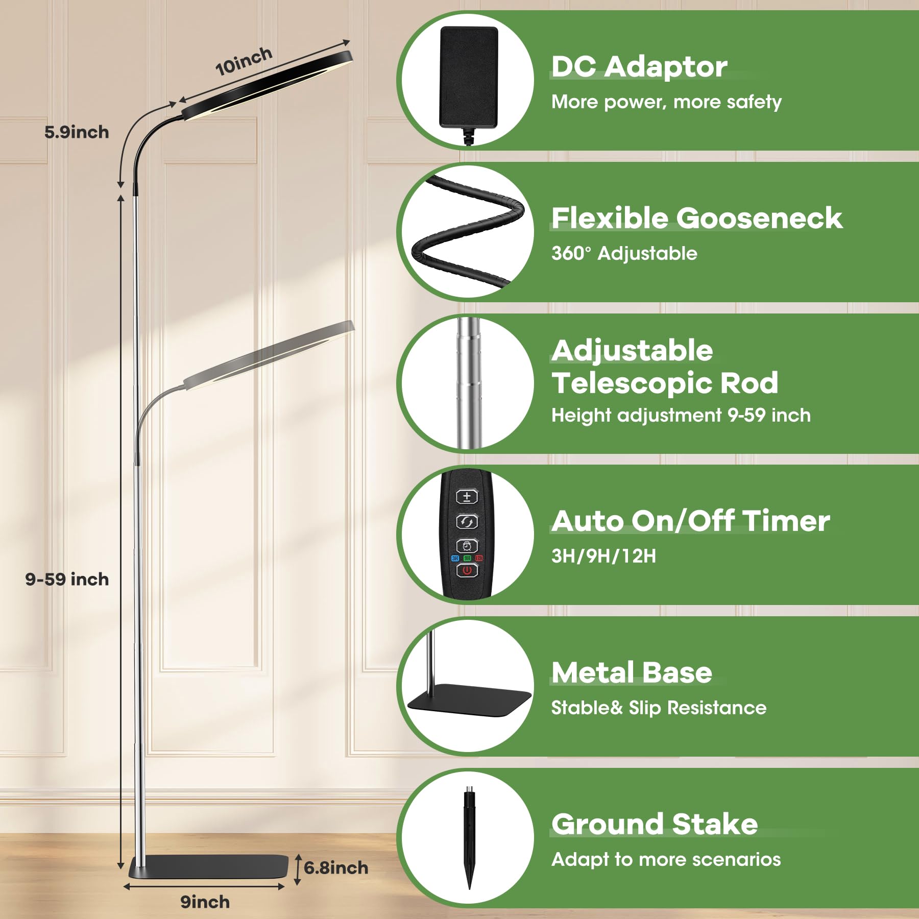 Lampe pour plantes à spectre complet 160 LED 5V4A, Grow Light avec tuyau flexible 360°, prise européenne, minuterie 3/9/12H, tige télescopique 11.8-59 pouces