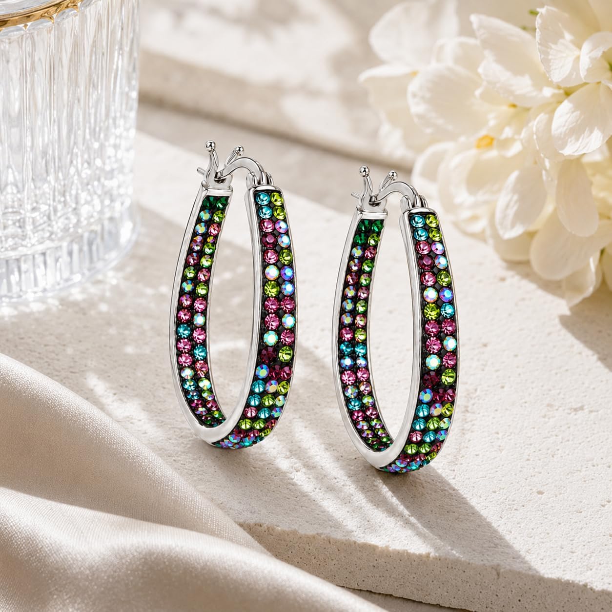 Crystal Hoop Earrings - Silver Plated Inside Out Oval Shape Hoop Earrings for Women, 1.2 Inch