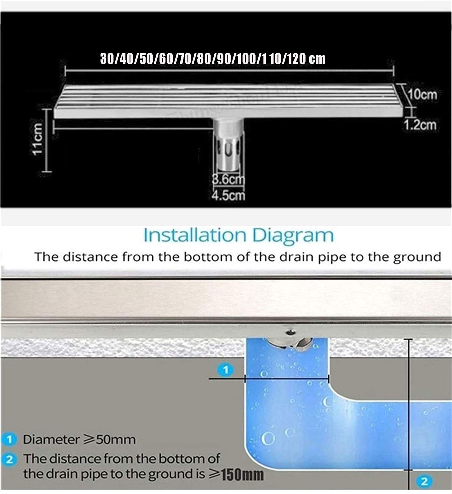 Linearer Duschrinne aus Edelstahl, 40 cm, rechteckiger Bodenablauf mit abnehmbarer Abdeckung, für Küche, Bad, Garage und Keller, schnelles Ablaufsystem