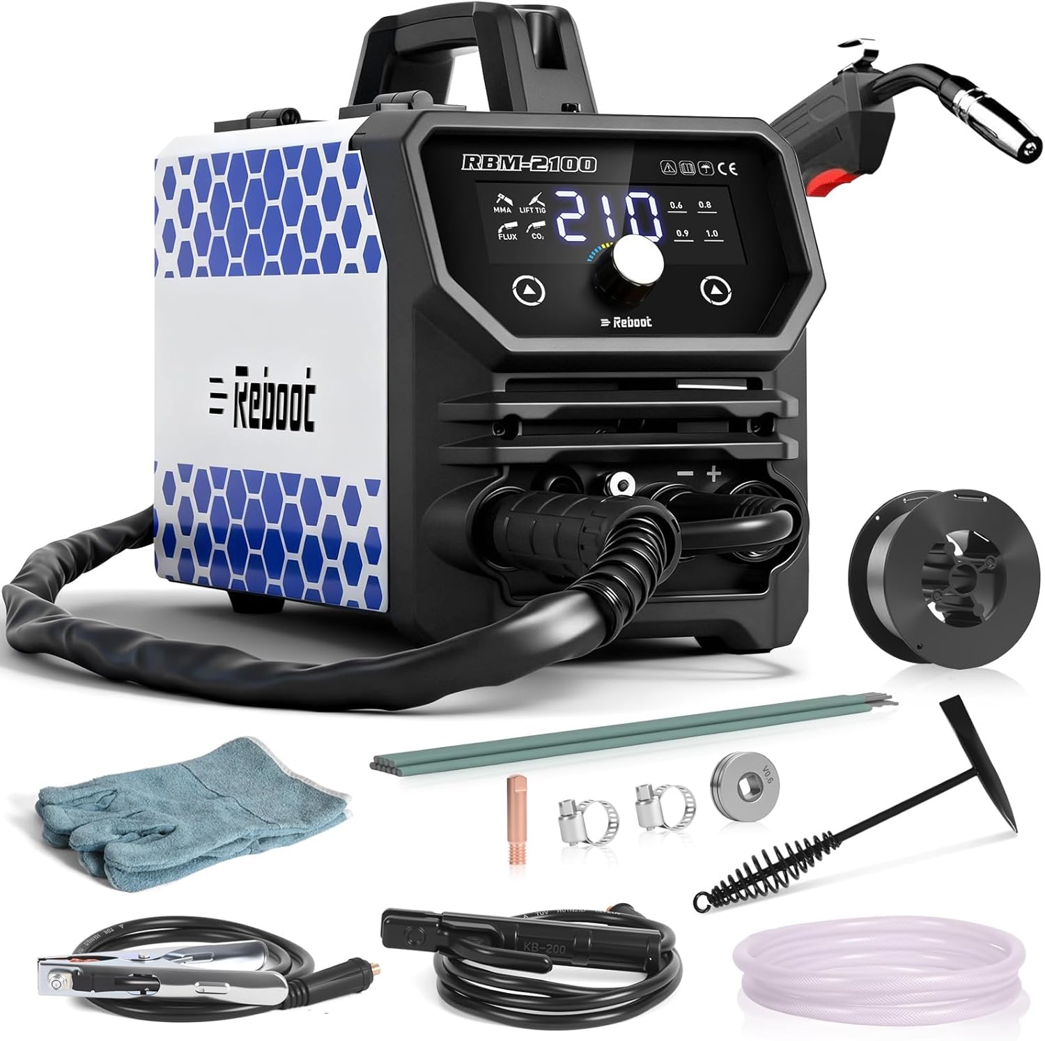 Reboot 210A MIG Welder 120V 4 in 1 Welding Machine Gas/Gasless Flux Core/Lift TIG/Stick Large Digital Led Display with IGBT Inverter RBM2100