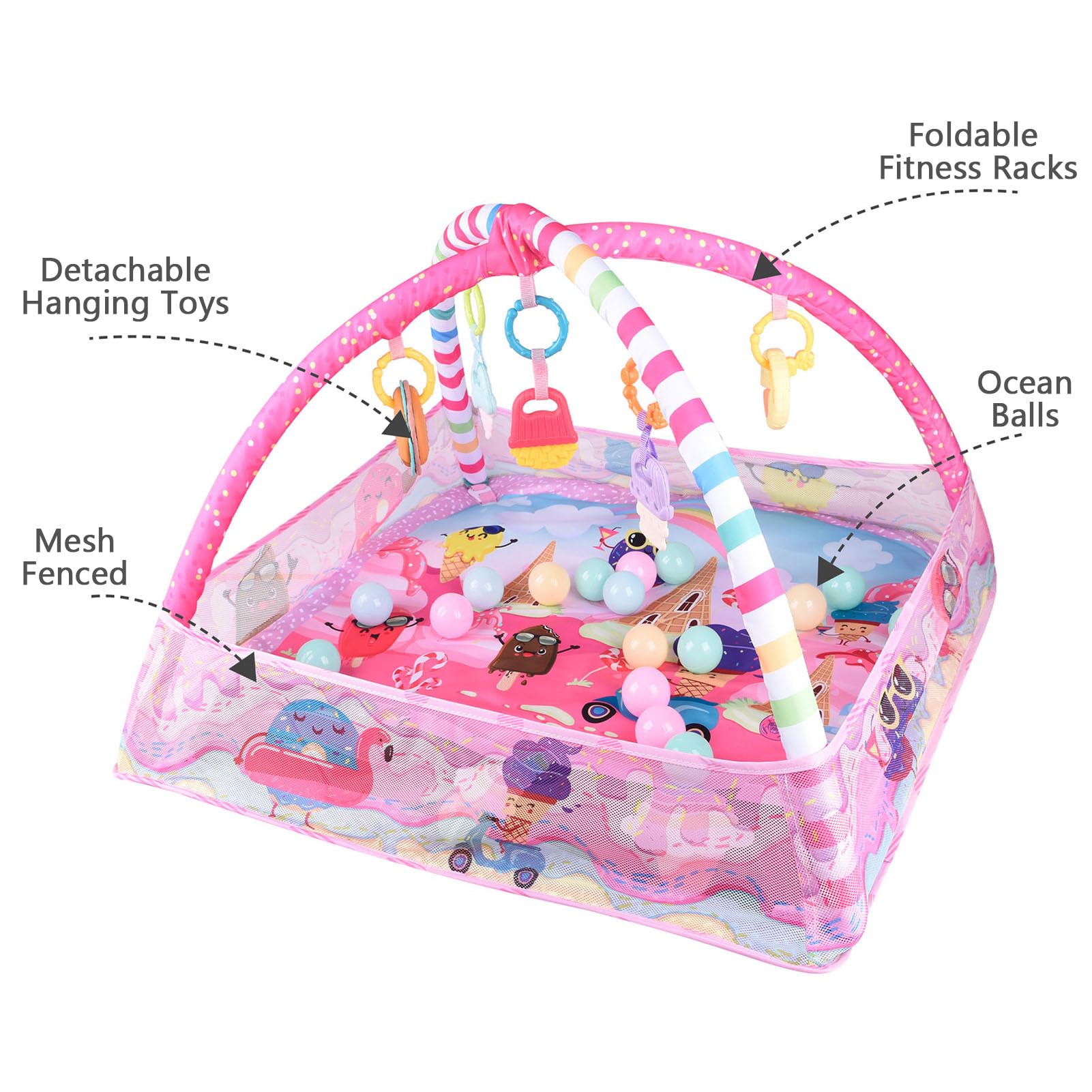 Bebamour Baby Spielmatten Bodenturngeräte von Geburt an, 18 Bälle, 5PCS Hängespielzeug, weiche Baby Play Activity Gym Spielmatten Bodenturngeräte für 0-24Monate(Pink)