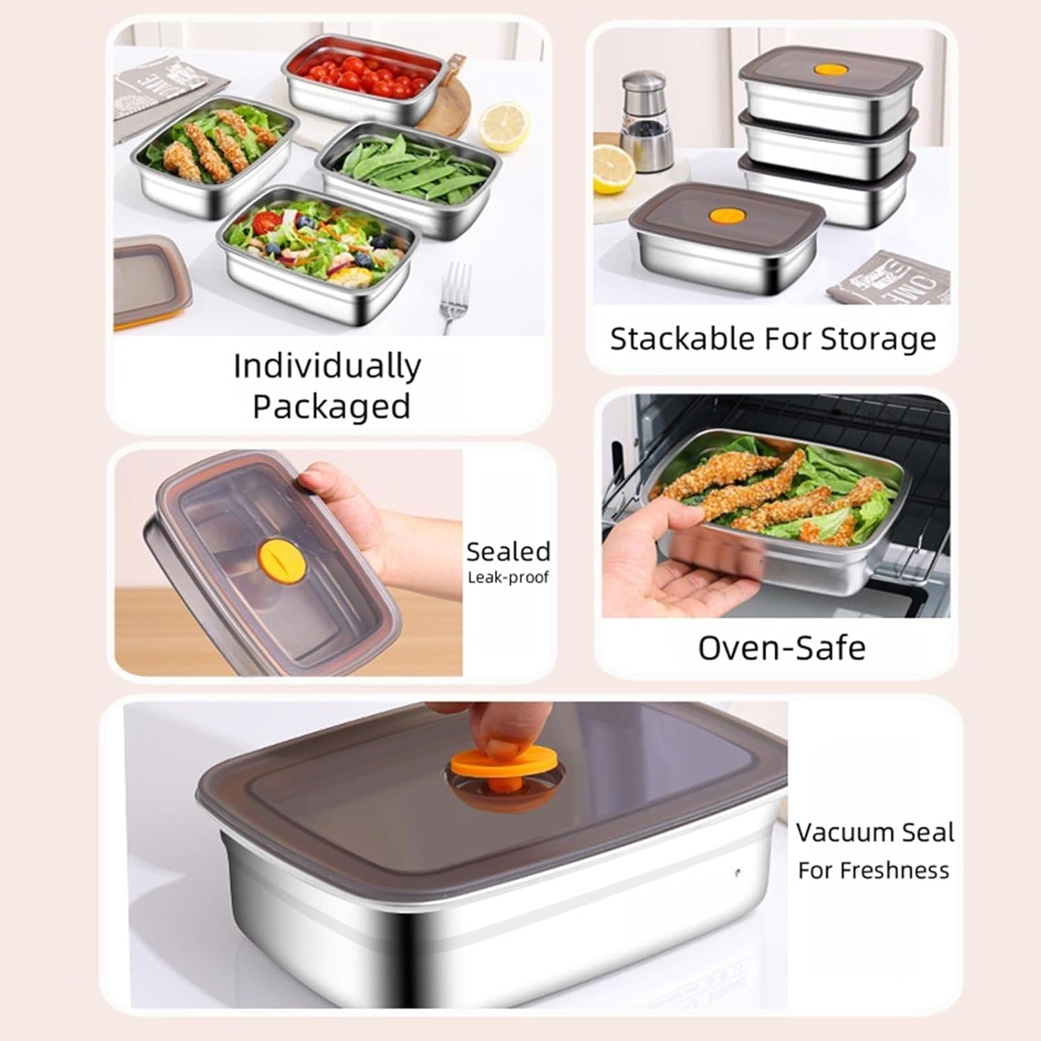 10 Pack Stainless Steel Food Storage Containers with Airtight Leak-Proof Lids, 34oz Reusable Meal Prep Lunch Boxes, Freezer & Dishwasher Safe Metal Containers for Leftovers & Snacks - Image 4