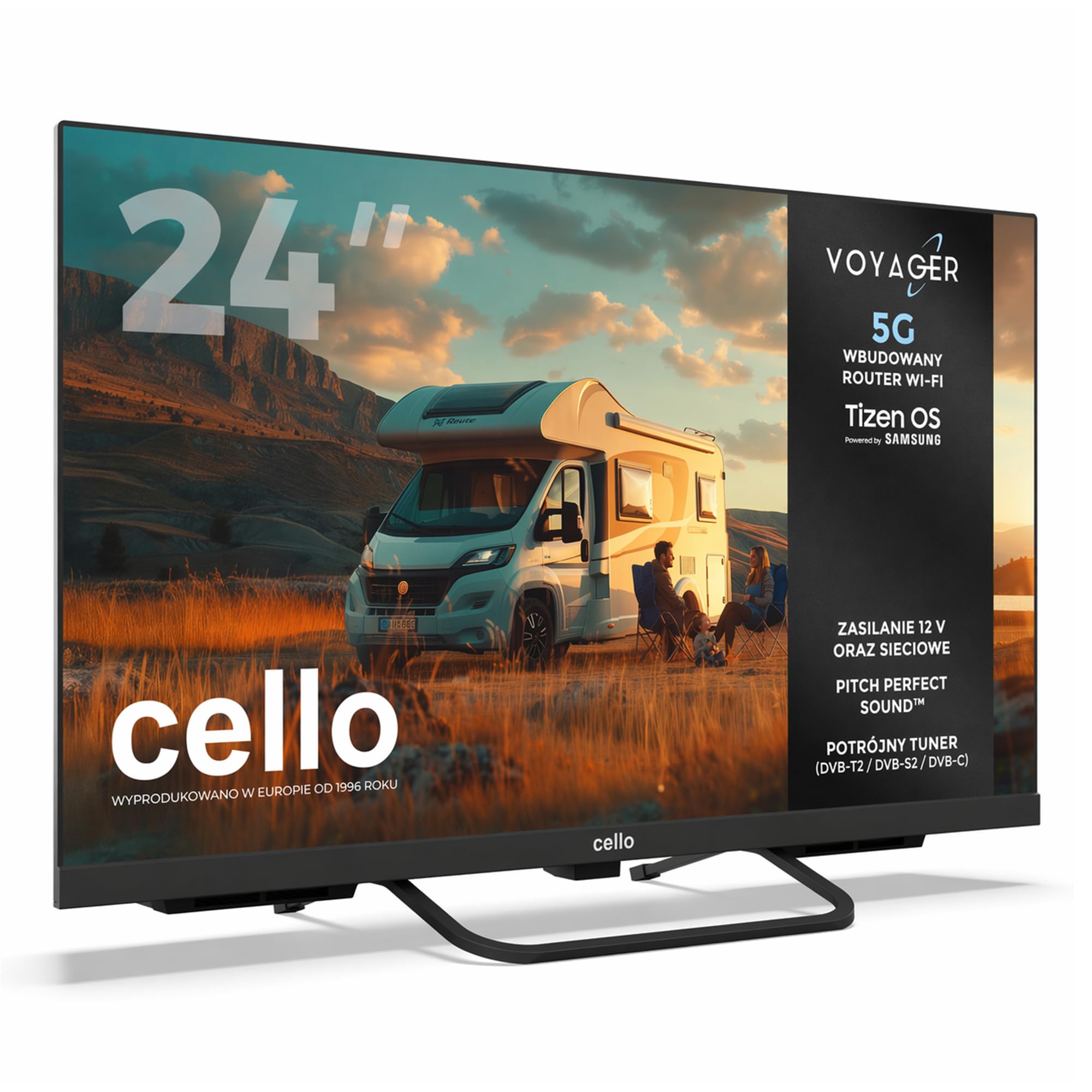 Cello Voyager 24” Smart TV 12V z routerem 5G WiFi – tworzy Internet wszędzie, idealny do kampera i przyczepy, Tizen OS