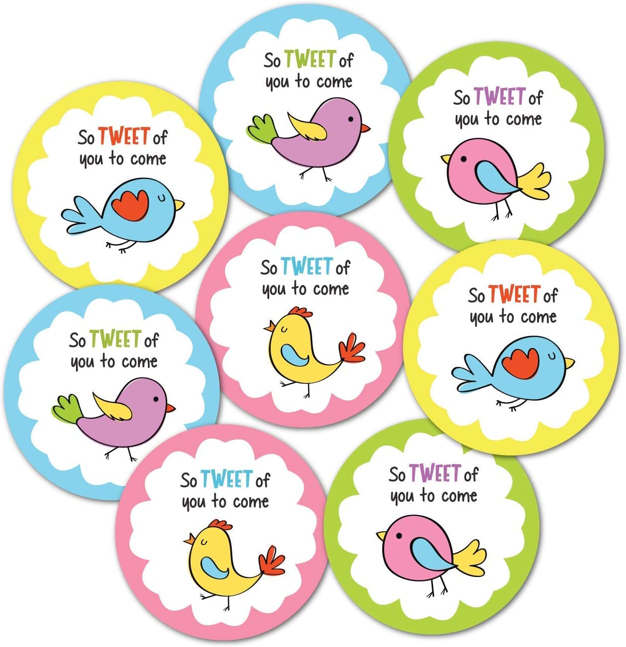 Little Birdie Theme Thank You Party Stickers, Matte Finish Paper, 40 Pieces, 2 inches, Round, Multicolor, 4 Unique Designs