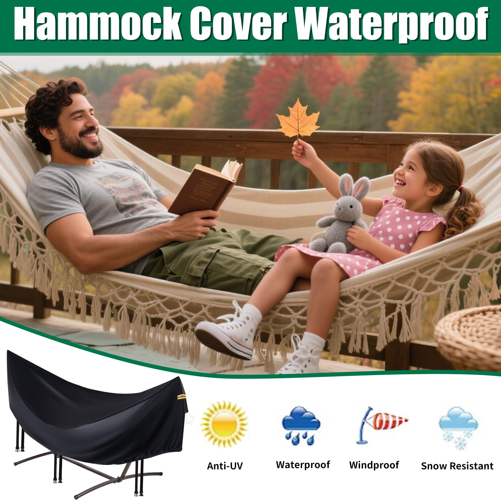 Housse de hamac imperméable et durable 420D pour support de hamac de 3,7 m, coupe-vent, 3 boucles et 1 cordon élastique, aération aérée, poignée réfléchissante, protection contre les intempéries