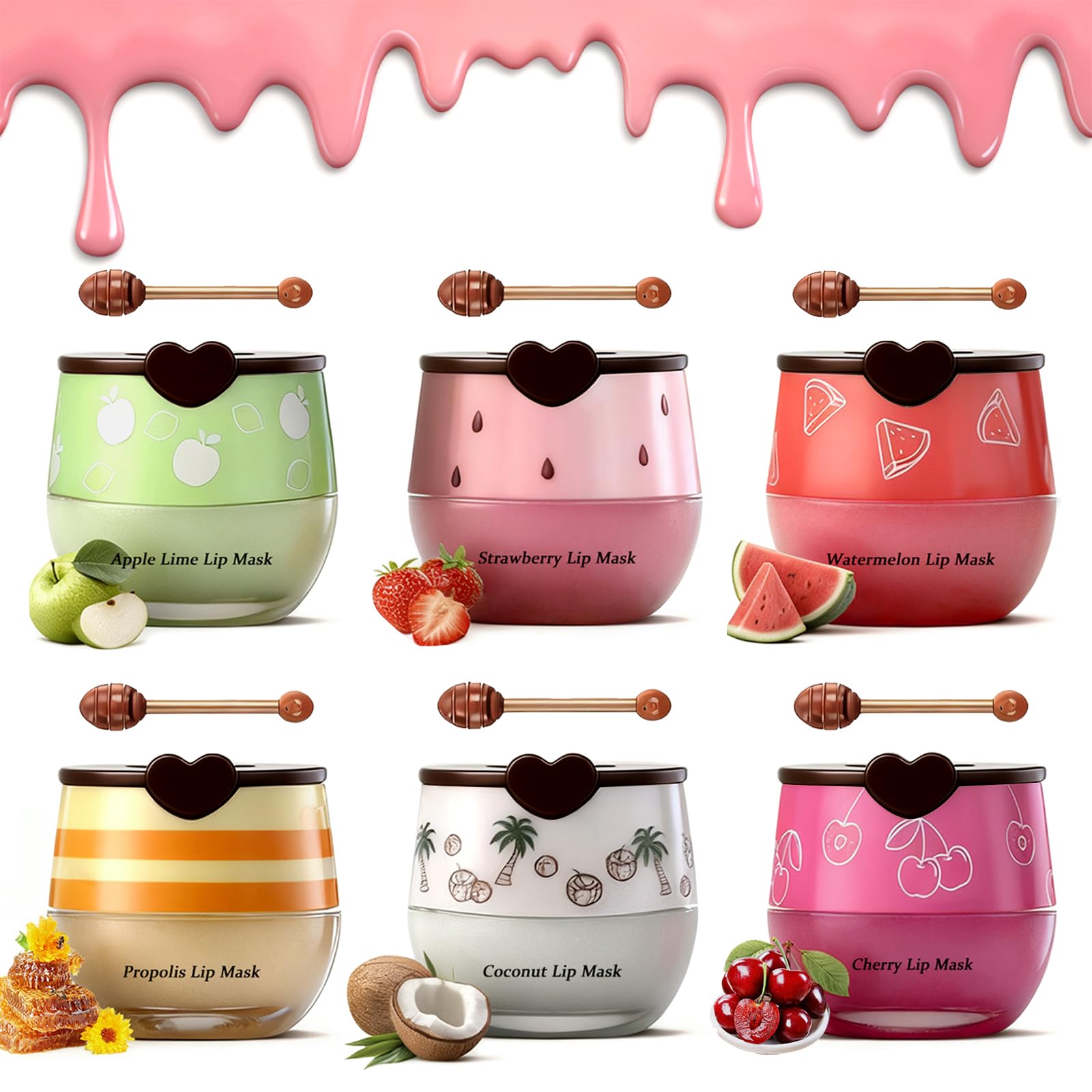6PCS Bee Lip Balm Honey Pot，Honey&Strawberry&Watermelon&Cherry&Apple&Coconut Lip Mask Overnight Propolis Moisturizing Lip Balm Hydrating Prevention
