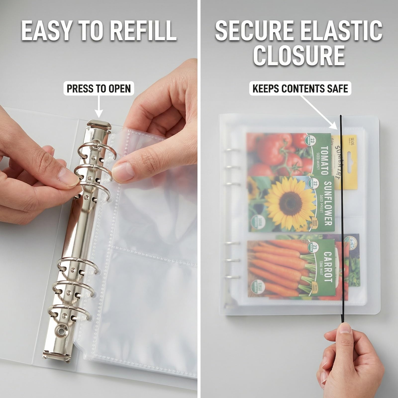 Carpeta organizadora de semillas con fundas de carga lateral, soporte transparente para libros de almacenamiento y almacenamiento de paquetes de plantas para guardar tu catálogo de jardín