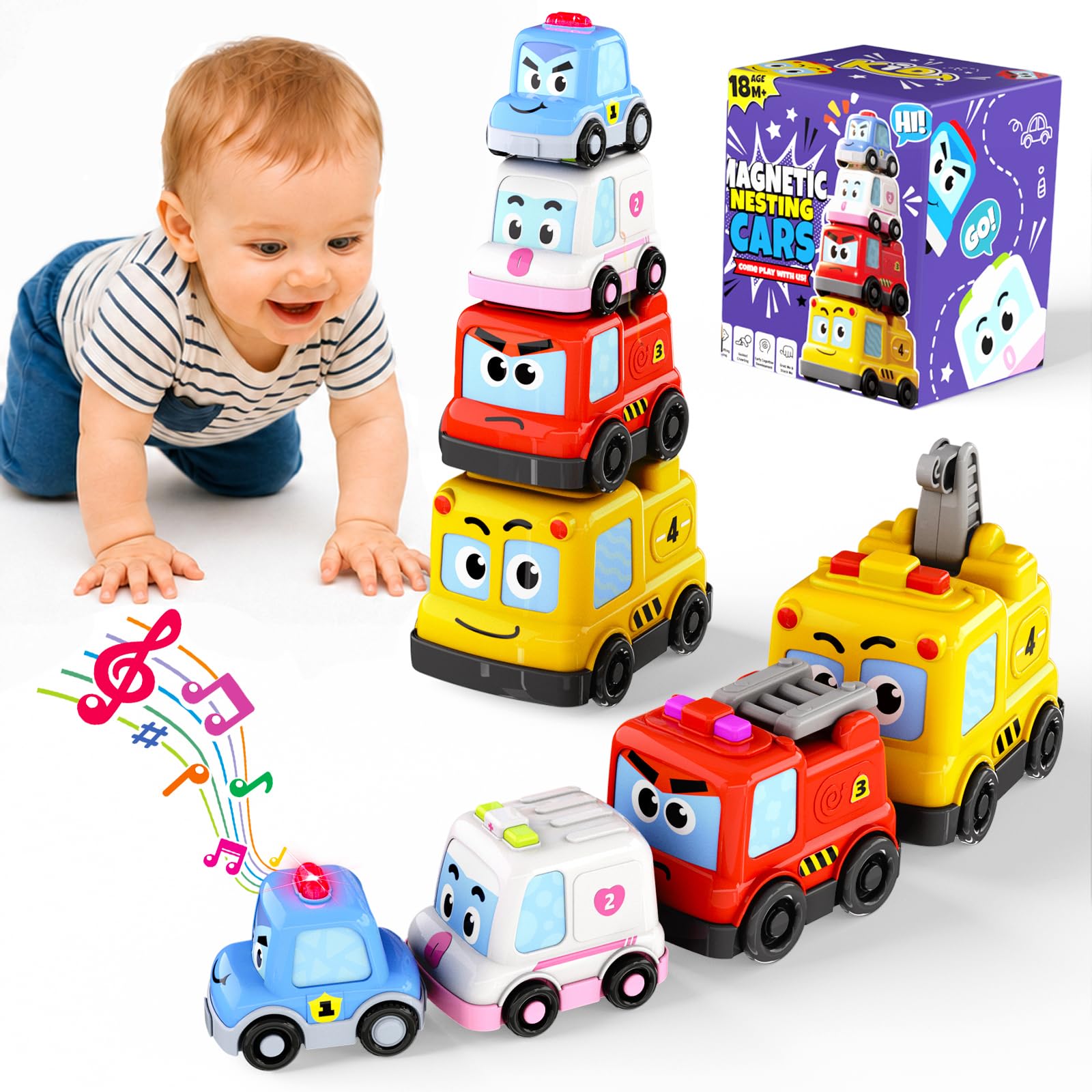 Innofans Toys for 1 2 3 4 5 Years Old Boys Girls, 4 in 1 Magnetic Train Set with Lights & Music - Magnetic Following Stacking Nesting Montessori Toys, Educational Toddler Toy Cars Gifts for Baby Kids