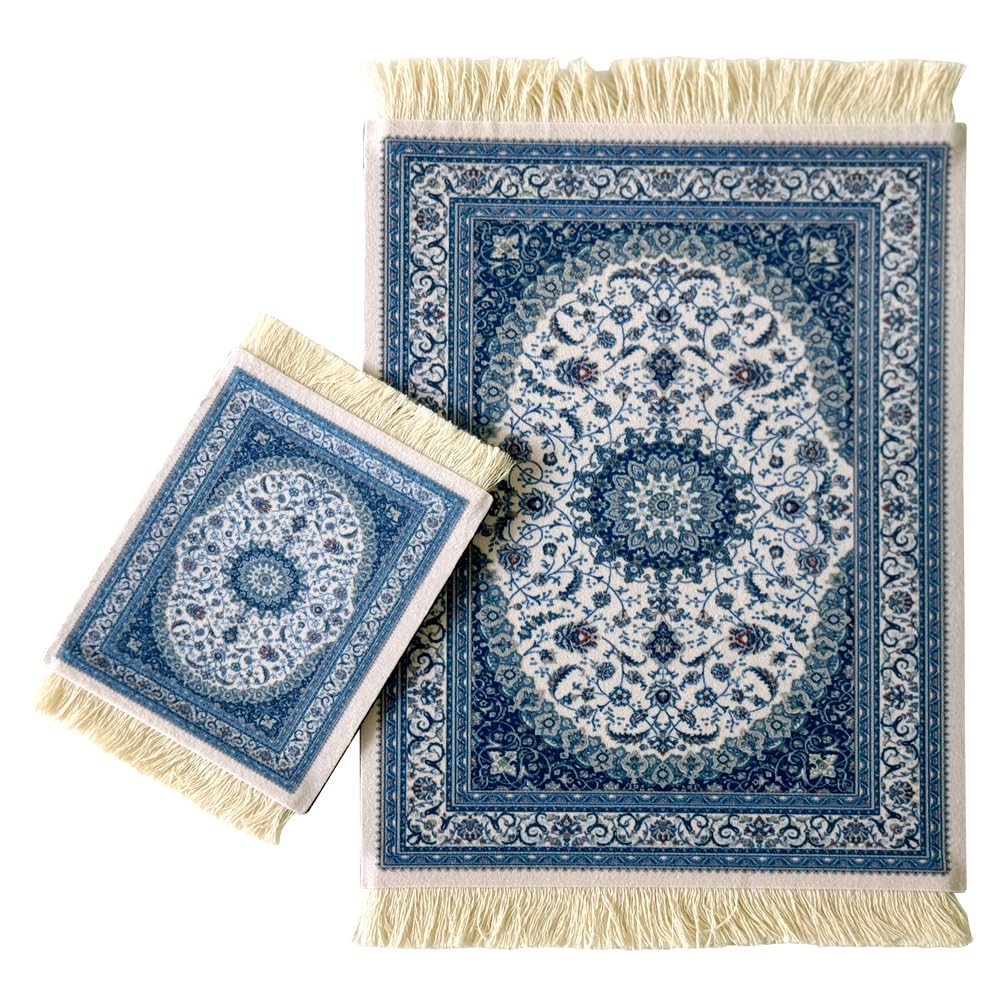 Persian Carpet Mouse Pad with Tassels – Vintage Oriental Rug Design, Non-Slip Desk Mat for Home Office, Laptop, PC & Gaming (Blue & White)