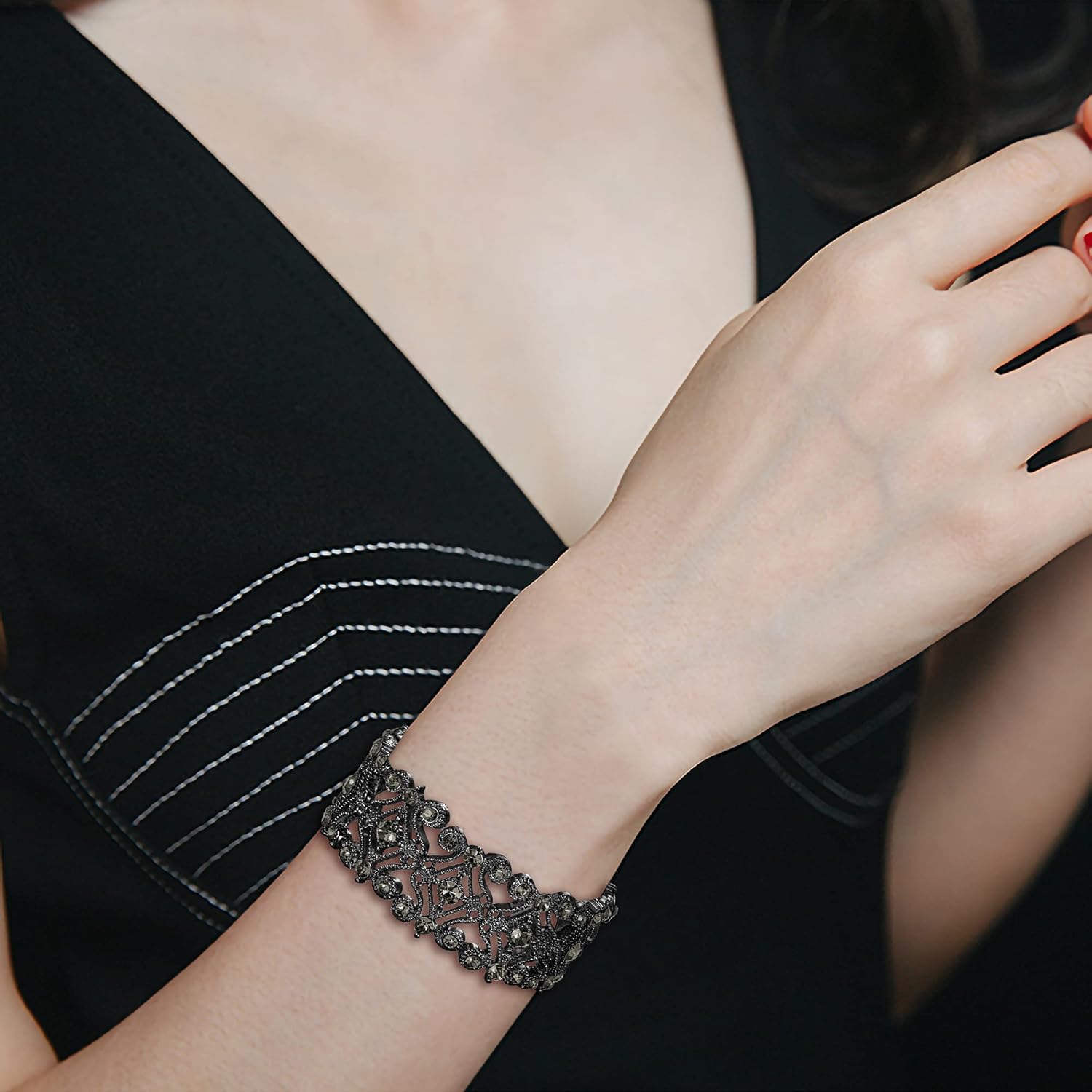 BriLove Women's Wedding Bridal Crystal Cluster Tennis Stretch Bracelet - Image 2