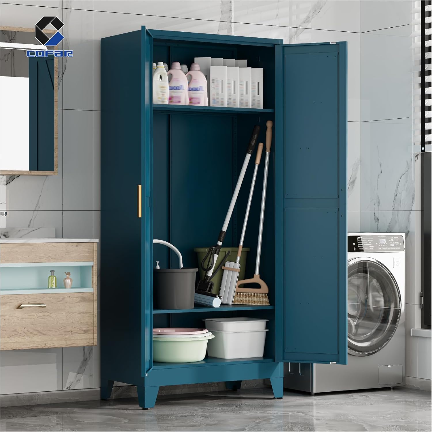 COFaR 71'' Metal Armoire Wardrobe Closet, Steel Wardrobe Cabinet with Adjustable Hanging Rod and Shelves, 2 Doors Farmhouse Closet Storage for Bedroom Garage Office, Peacock Blue