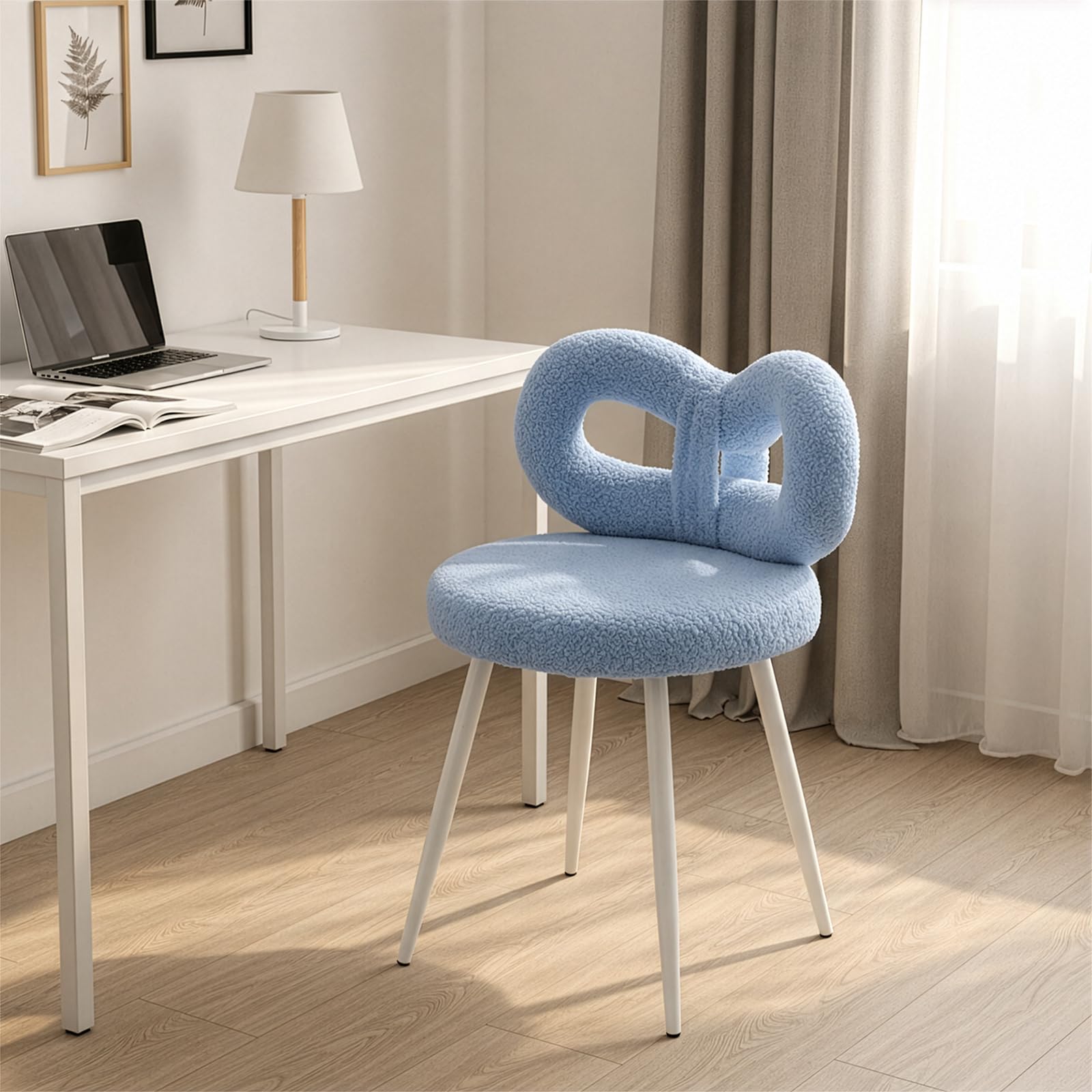 Minifactory Small Vanity Chair with Bow Backrest, White Faux Lambswool Makeup Stool for Dressing Table, Armless Compact Bedroom Chair for Women & Girls, Sturdy Carbon Steel Frame (blue)