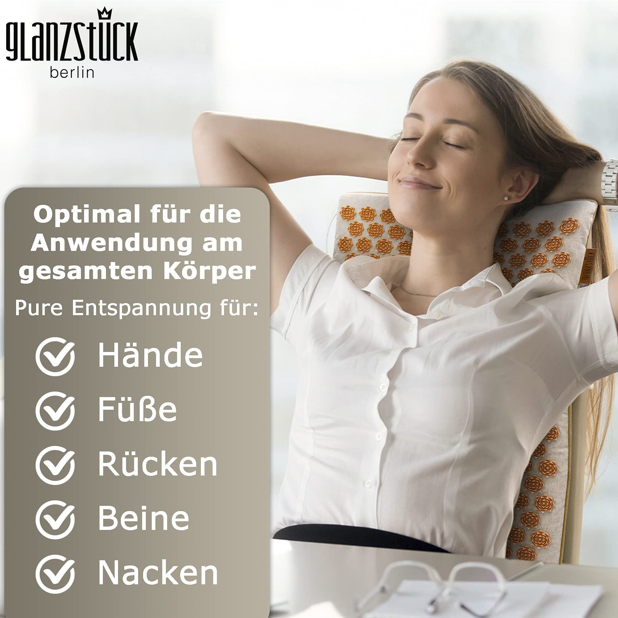 Glanzstück Berlin Health Collection XL Akupressurmatte Set ORIGINAL aus Leinen Massagematte mit Kissen Wärmefunktion Tasche