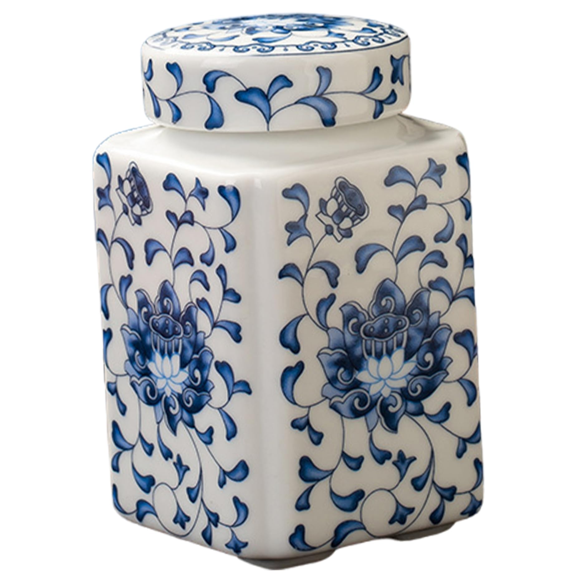 AZIDWERYQ Blue and White Ginger Jars, 200ml Ceramic Ginger Jar with Leakproof Lid, Square Chinoiserie Vase for Home Decor, Flower Display and Tea Storage Jars for Home Decor