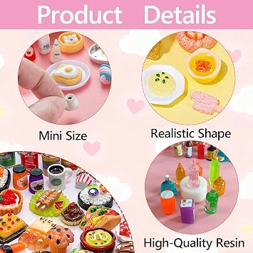 100 PCS Miniature Play Food Drink, Toy Kitchen Accessories, Mini Pretend Food Set, Resin Tiny House Dolls House Accessories, Realistic Pretend Foods Play for Dollhouse Kitchen, Kids Educational Toys