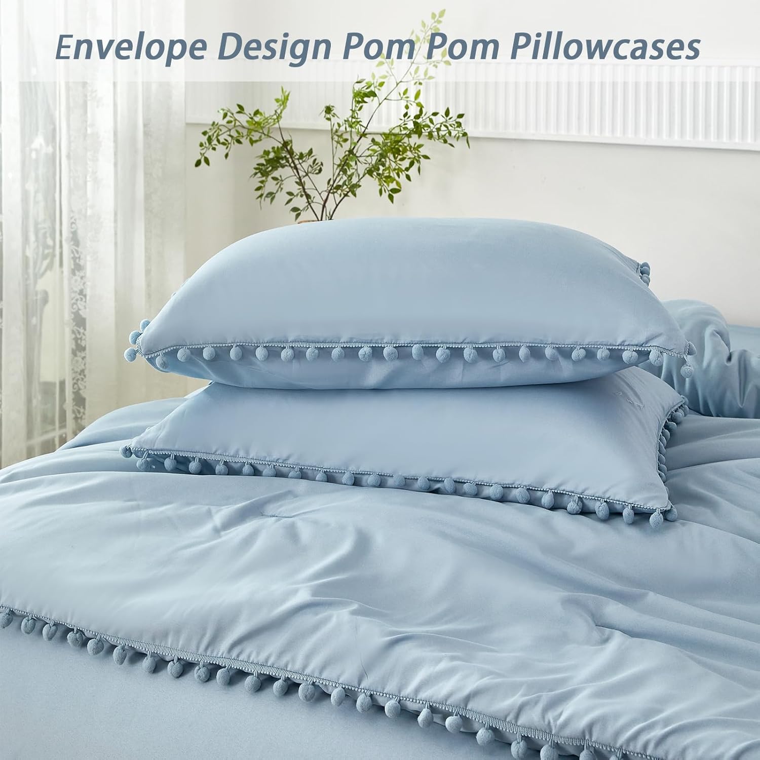 PERFEMET 5 Pcs Blue Bed in A Bag Queen Size Boho Aesthetic Pom Pom Bedding Comforter Set with Sheets Lightweight Soft Pom Solid Comforter for Women Men(Grayish Blue, Queen)