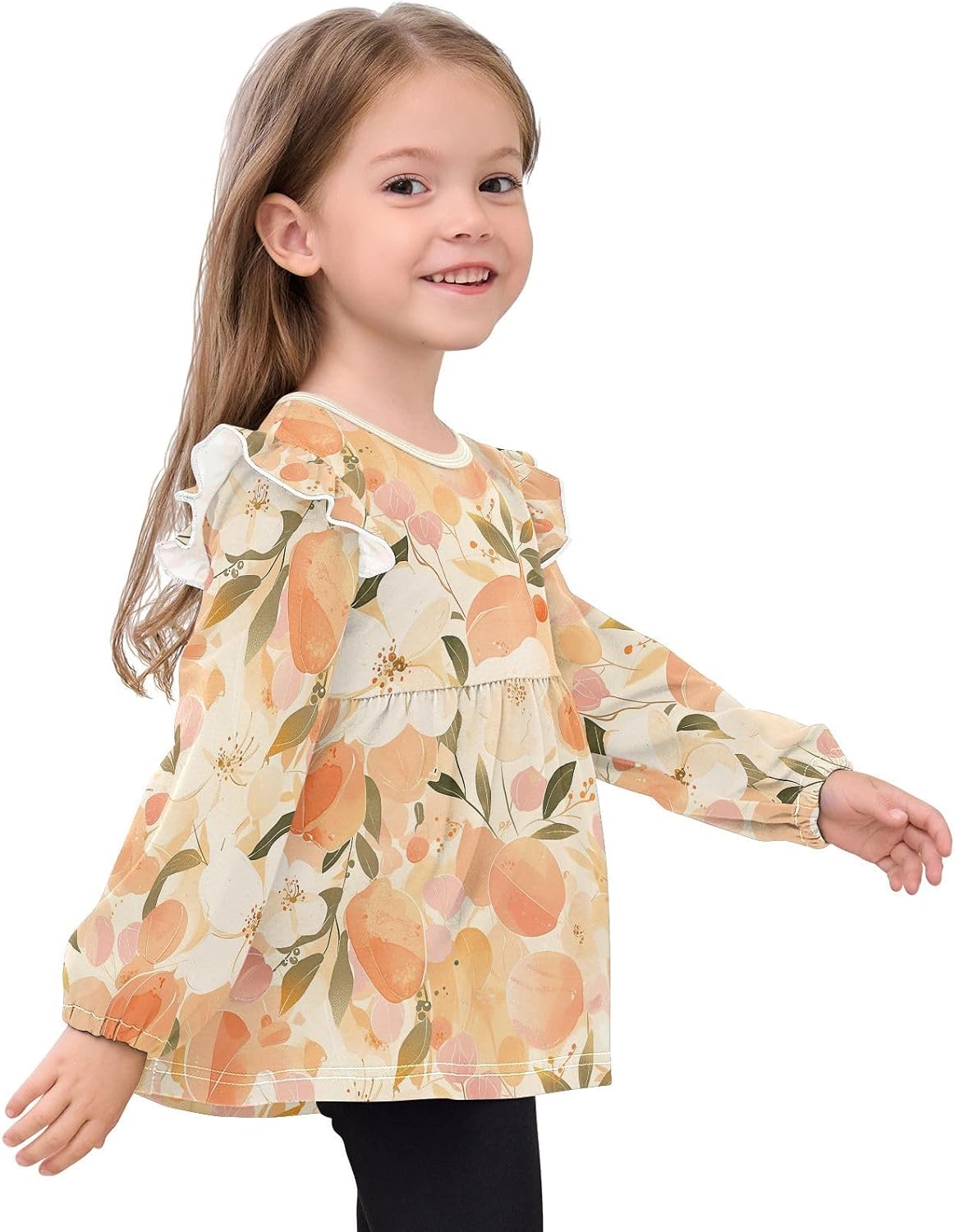visesunny Toddler Clothes for Girls Watercolor Leaf Tulip Flower Long Sleeve Fall Shirts Cotton Top with Ruffle Collar