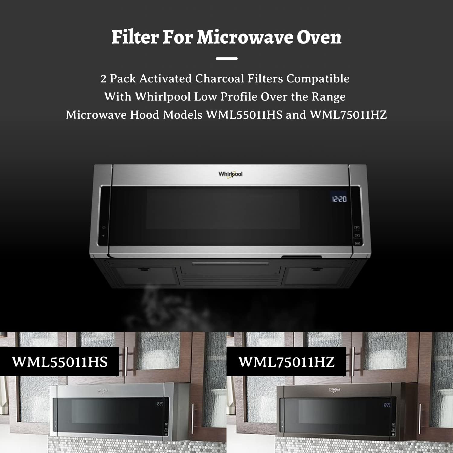 Microwave Oven Activated Charcoal Replacement Air Filters Compatible With Whirlpool Low Profile Over the Range Microwave Hood Models WML55011HS WML75011HZ 4 Pack