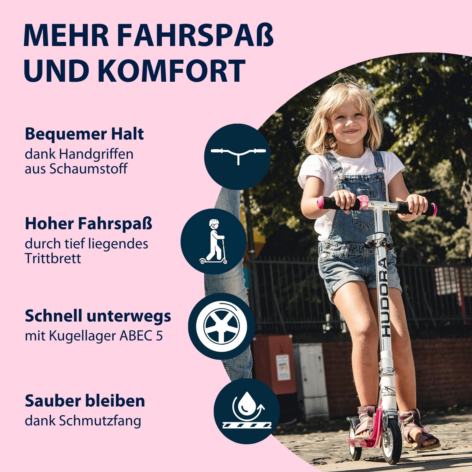 HUDORA BigWheel 125 Scooter - Sicherer & hochwertiger Aluminium-Roller für Kinder - Höhenverstellbarer & zusammenklappbarer Cityroller für bis zu 100kg - Stabiler Tretroller mit Tragegurt