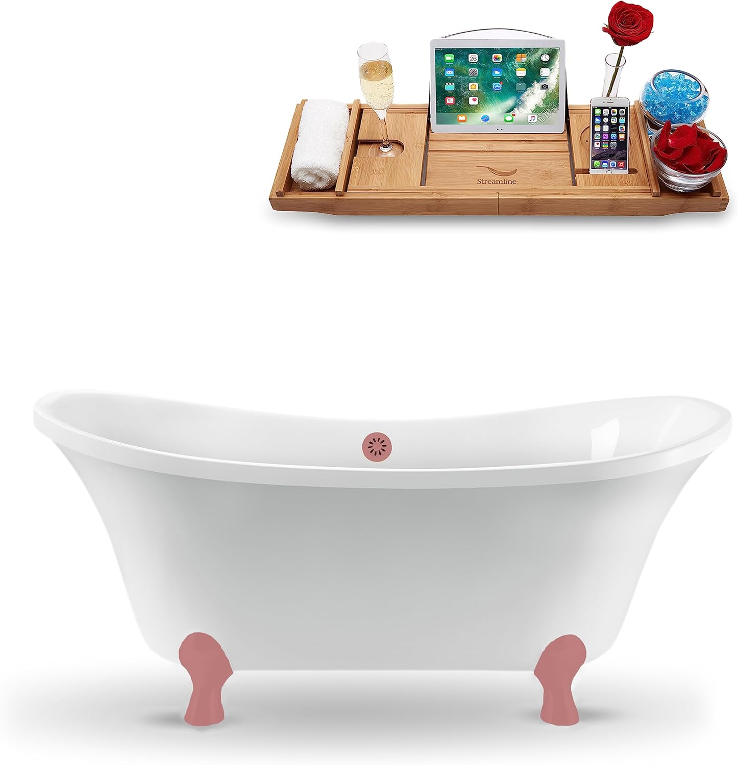 Streamline 60" Clawfoot Soaking Bathtub – Glossy White Acrylic Tub with Matte Pink External Drain – Modern Design with Bamboo Tray – Oval Shape – 55 Gallon Capacity