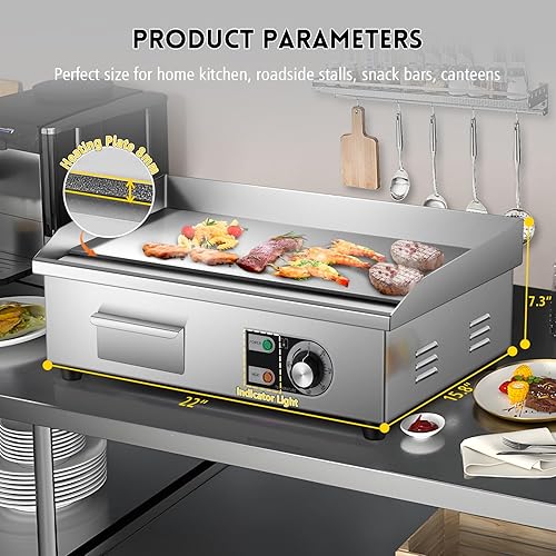 Miniatura 5 de Moogiantgo - Plancha eléctrica comercial de 22 pulgadas, 1600 W, antiadherente para encimera, acero inoxidable, caja de aceite extraíble,