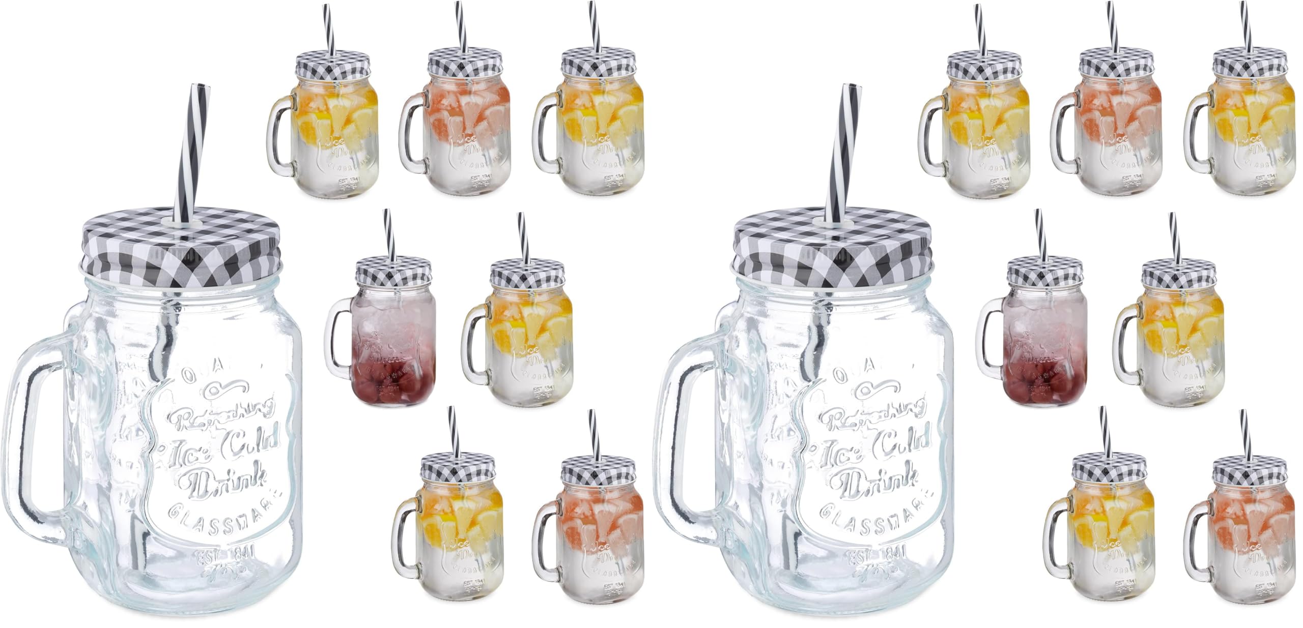 Relaxdays Trinkgläser mit Deckel und Strohhalm, 8er Set Limonadengläser, 500 ml, Retro Sommergläser mit Henkel, schwarz, 19 x 11 x 8 cm (Packung mit 2)
