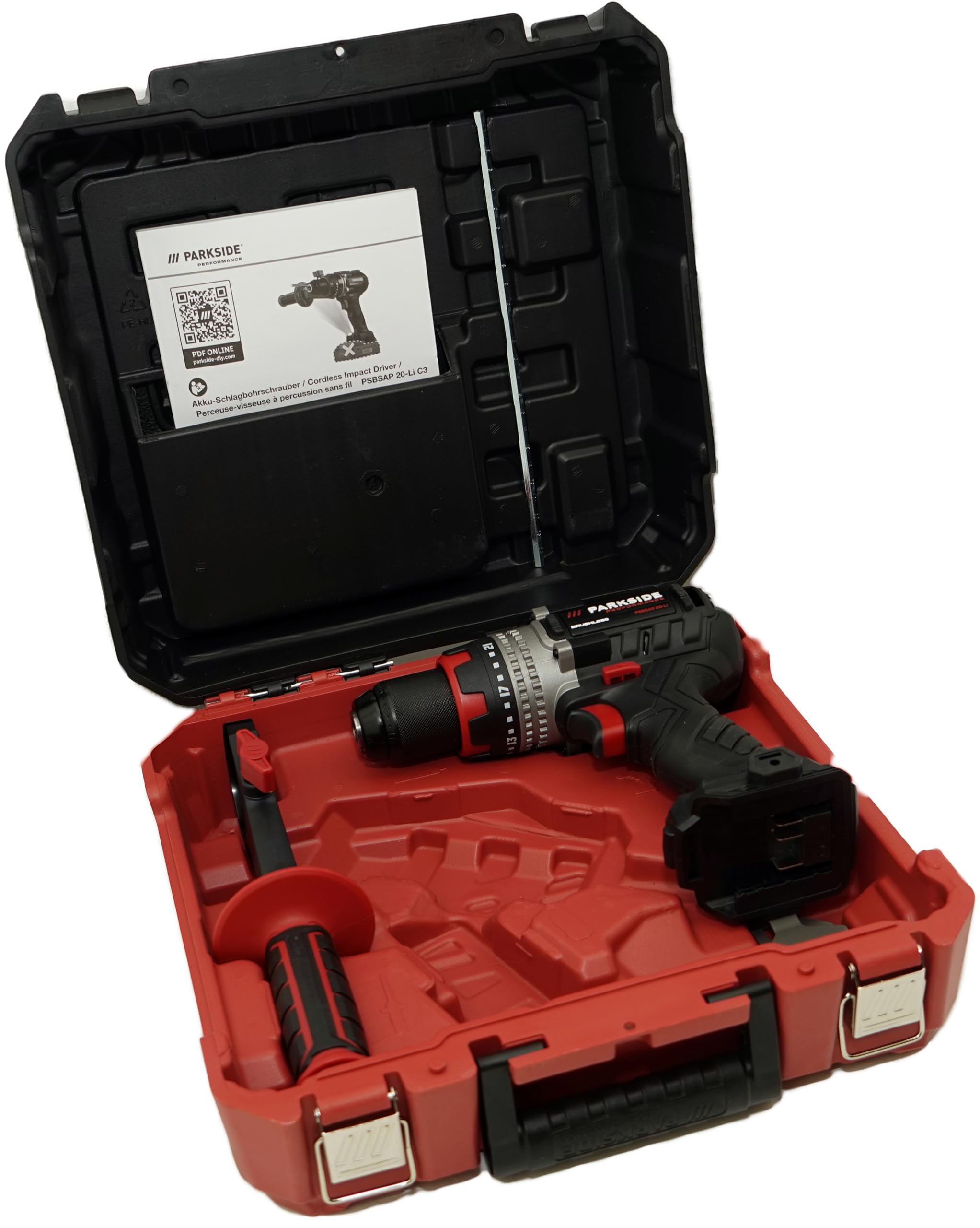 Oferta HEADNMORE dla wiertarko-wkrętarki udarowej PARKSIDE PERFORMANCE® PSBSAP 20-Li – 20 V, 64 Nm, bezszczotkowa, 2 biegi, w walizce bez akumulatora + ołówek i otwieracz HEADNMORE