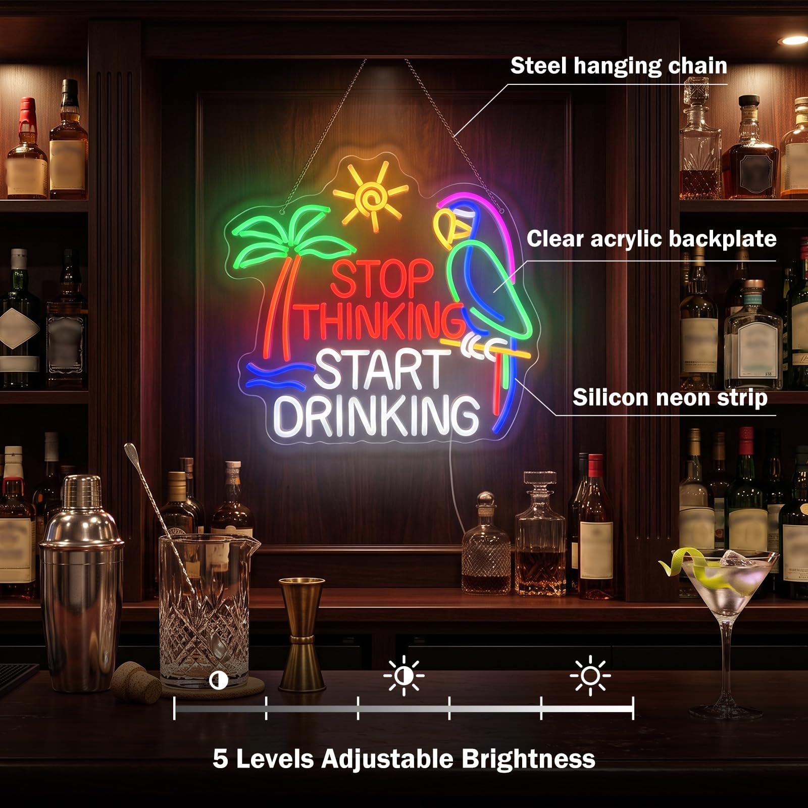 Zhengmy Insegna al neon per decorazione da parete Stop Thinking Start Drinking Bar Decorazione per feste USB Alimentata a batteria Pappagallo Palma Tramonto Lettera dell'alfabeto Lettera LED per la