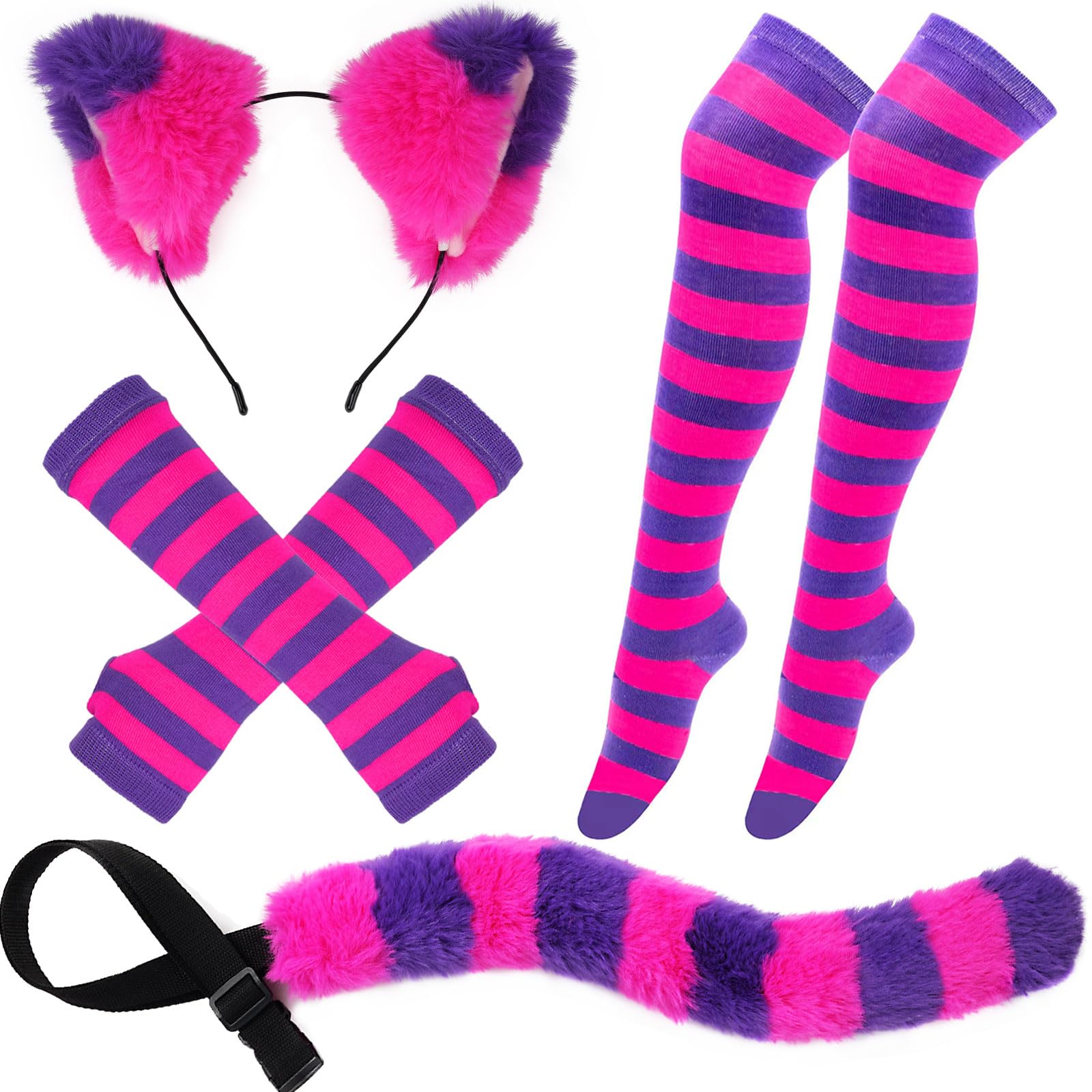 Kavoc 5 Pcs Pink Purple Striped Cat Costume Include Cat Ears Headband,Furry Tail,Choker,Striped Socks and Gloves for World Book Day Dress up