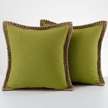 Reyox Set of 2 Burlap Linen Trimmed Throw Pillow Covers, Cotton Decorative Pillow Covers for Sofa Couch Bedroom Chair Avocado Green 18" x 18" Pack of 2