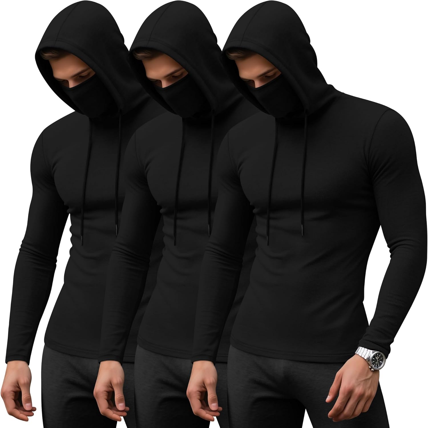 3 Pack Men's Sports Hoodies with Mask Compression Long Sleeve Thermal Shirts Base Layer Tees Running Pullover