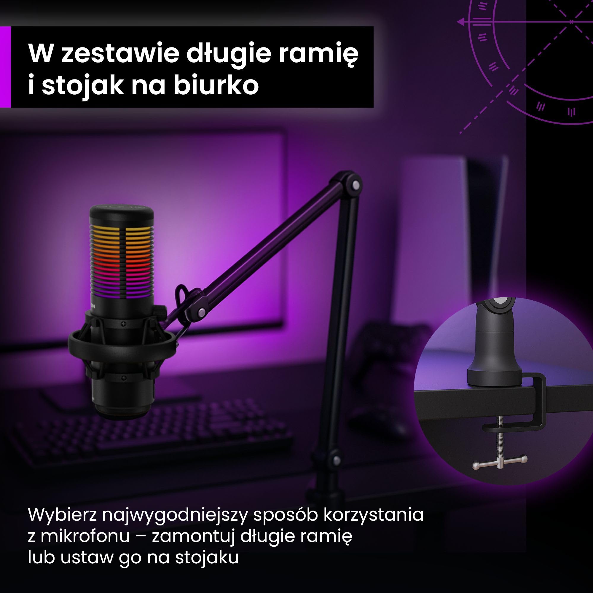 PREYON Mikrofon Gamingowy do PC z Ramieniem USB Pojemnościowy - Podcastów Streamingu Laptopa i Studia Podświetlenie RGB z Wyciszeniem Kardioidalny Omnidirekcjonalny Pokrętła Regulacji – Czarny